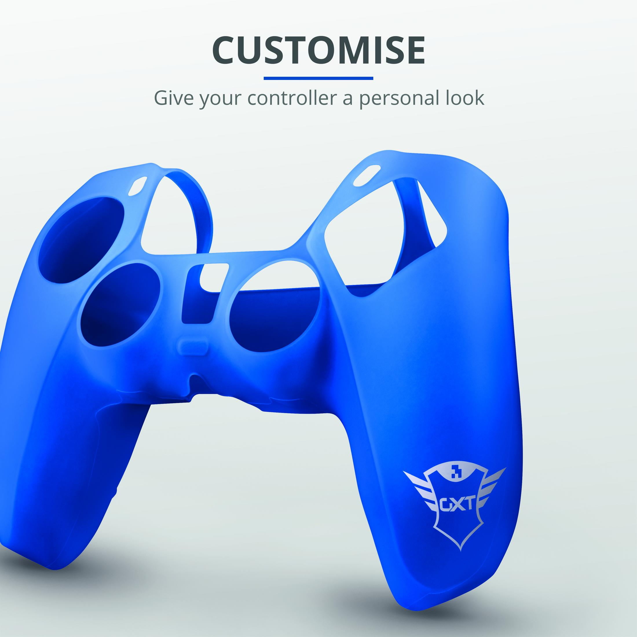 Skin controller blu con logo Trust su sfondo bianco. Testo: 'Customise'.
