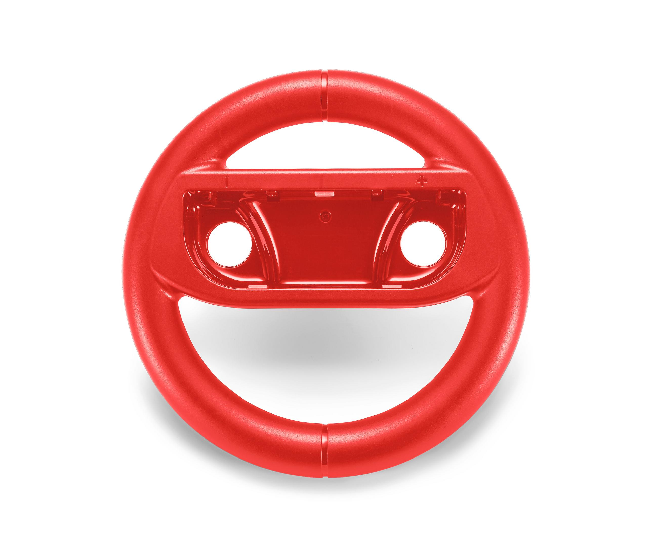 Rotes Lenkrad für einen Gamecontroller. Es hat eine kreisförmige Form mit zwei Öffnungen für Tasten.