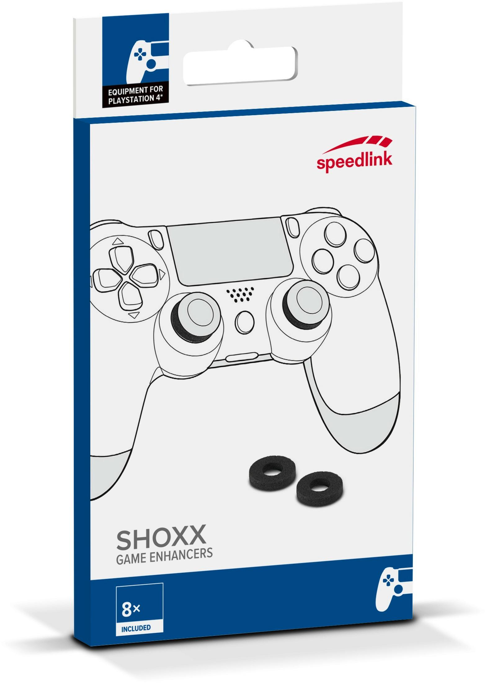 Eine blaue und weiße Schachtel für Speedlink SHOXX Game Enhancer. Die Schachtel zeigt einen PlayStation 4 Controller und zwei schwarze Ringe.