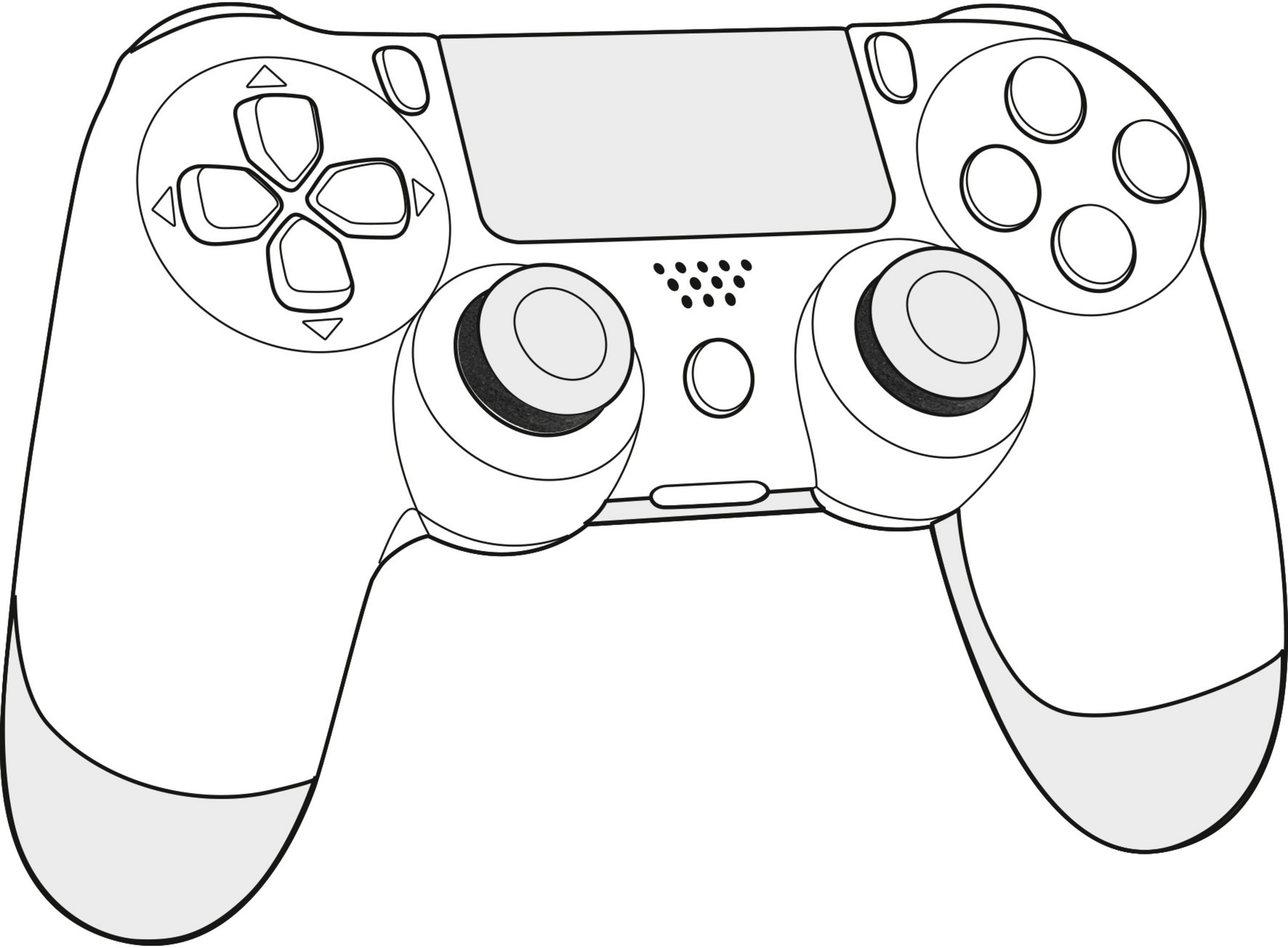 Ein Umriss eines PlayStation 4 Controllers wird in Grau und Weiß gezeigt. Der Controller ist nach vorne gerichtet.