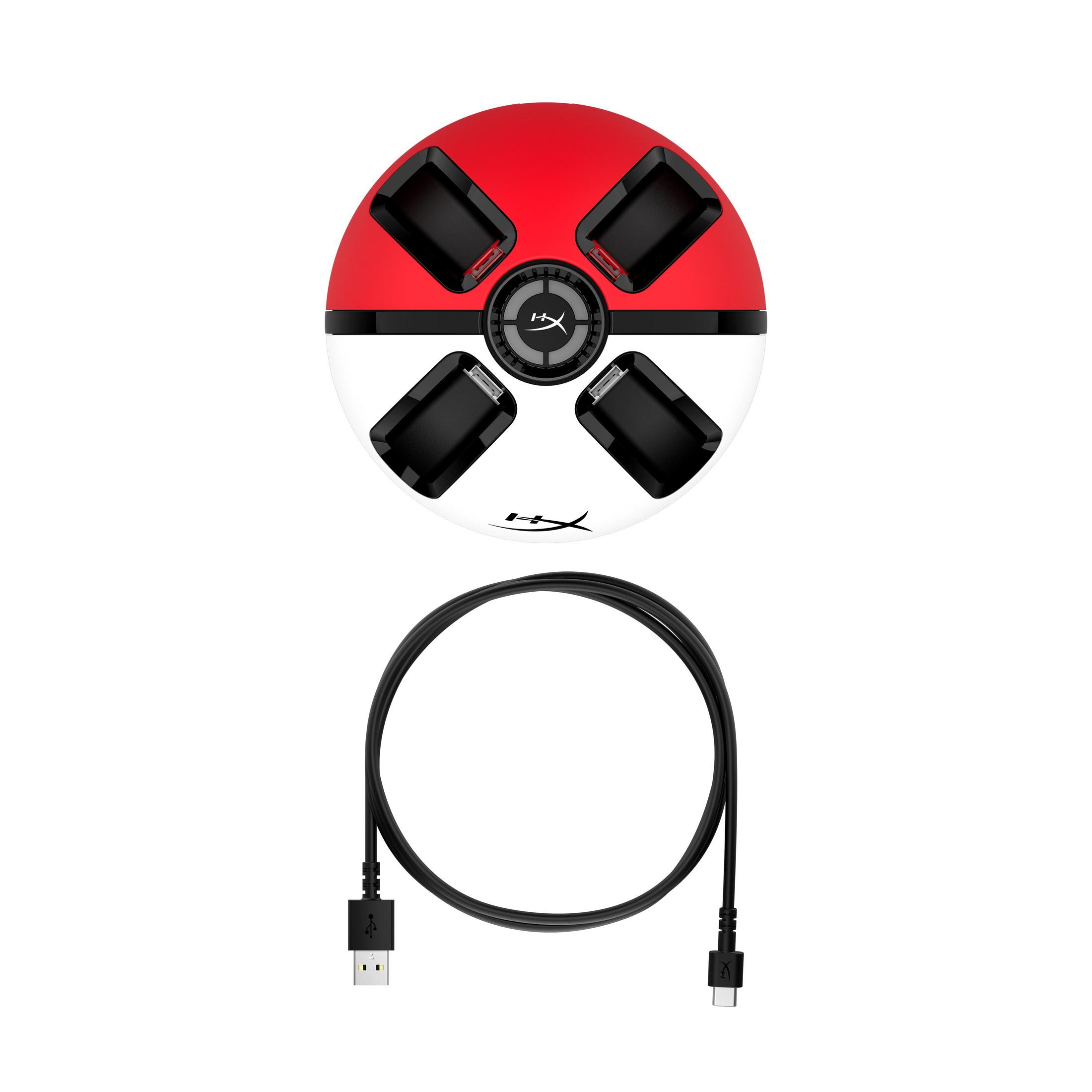 Un supporto di ricarica/docking rosso e bianco con slot neri e un cavo USB.
