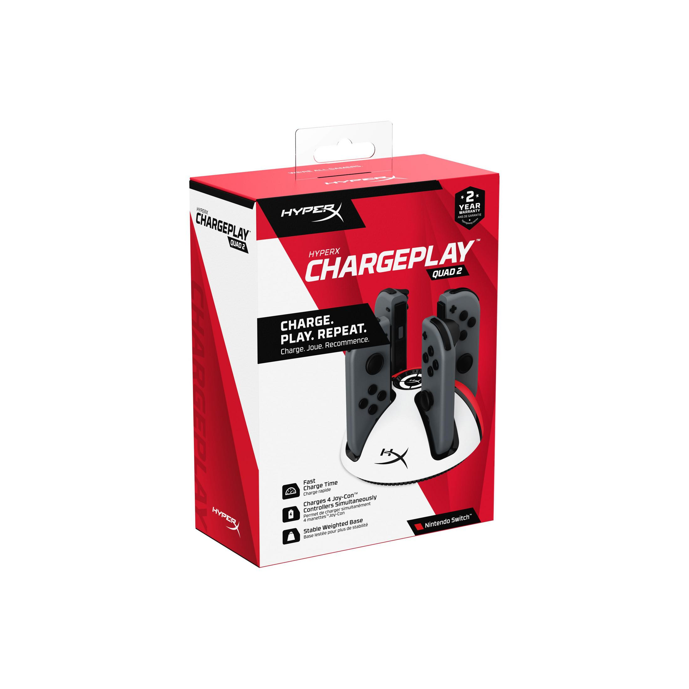 Stazione di ricarica HyperX Chargeplay Quad 2 con quattro Joy-Con e logo Nintendo Switch.