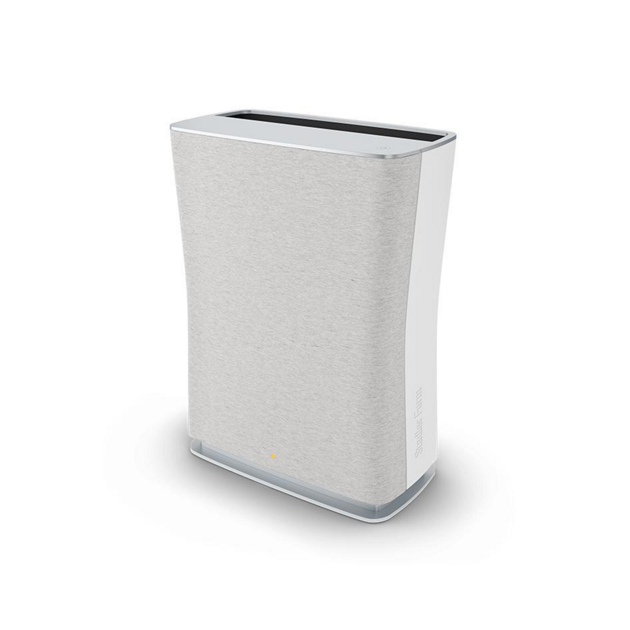 Purificatore d'aria bianco e grigio con parte superiore argentata. Marchio Stadler Form sul lato.