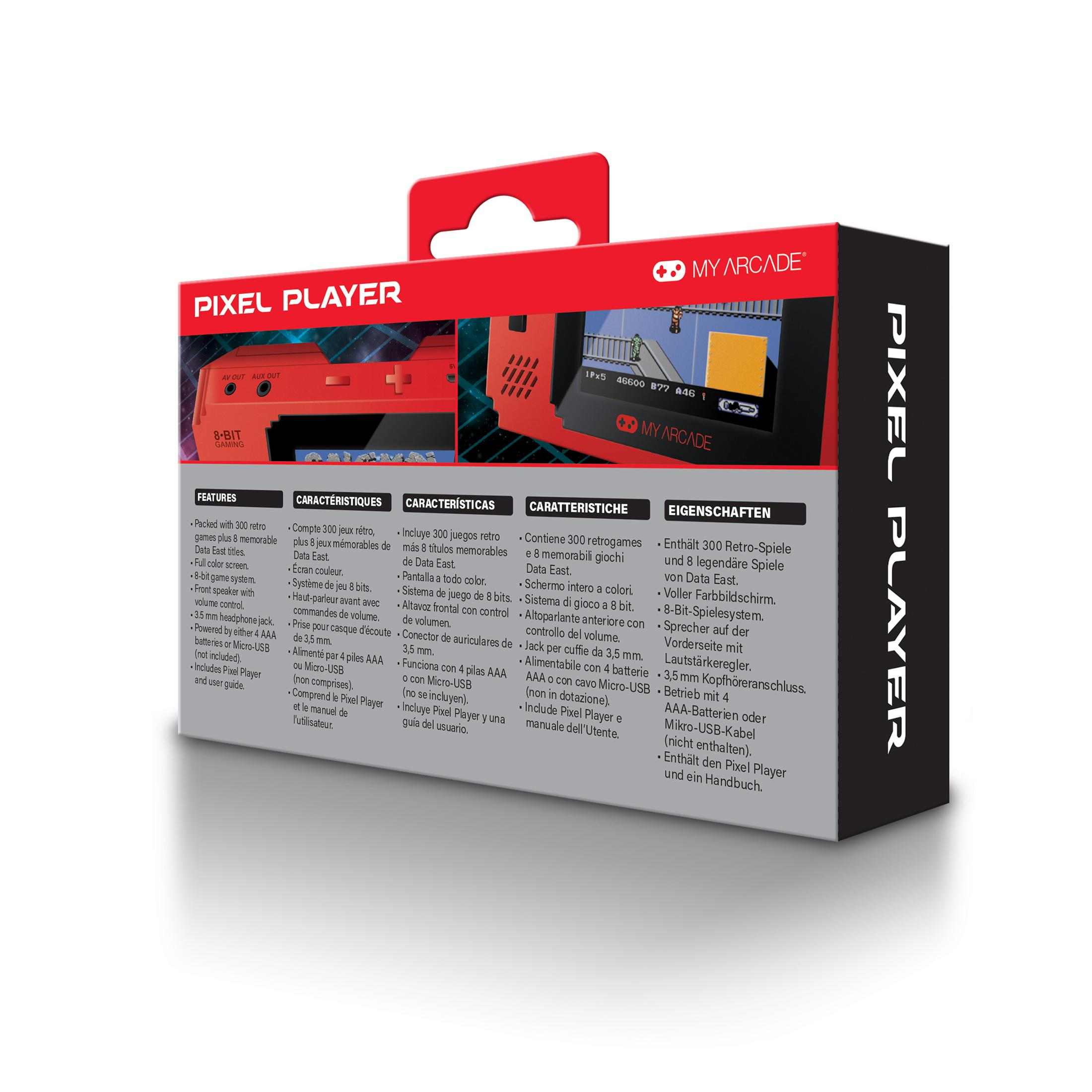 Pudełko Pixel Player ze szczegółami produktu i interfejsem gry retro z tyłu.