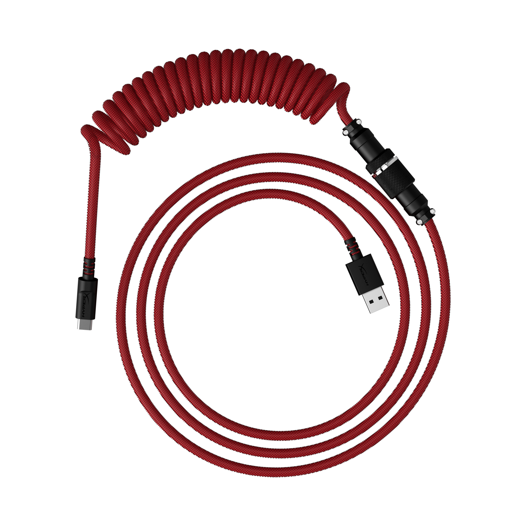 Cavo per tastiera rosso a spirale con connettori USB e USB-C, isolato su bianco.