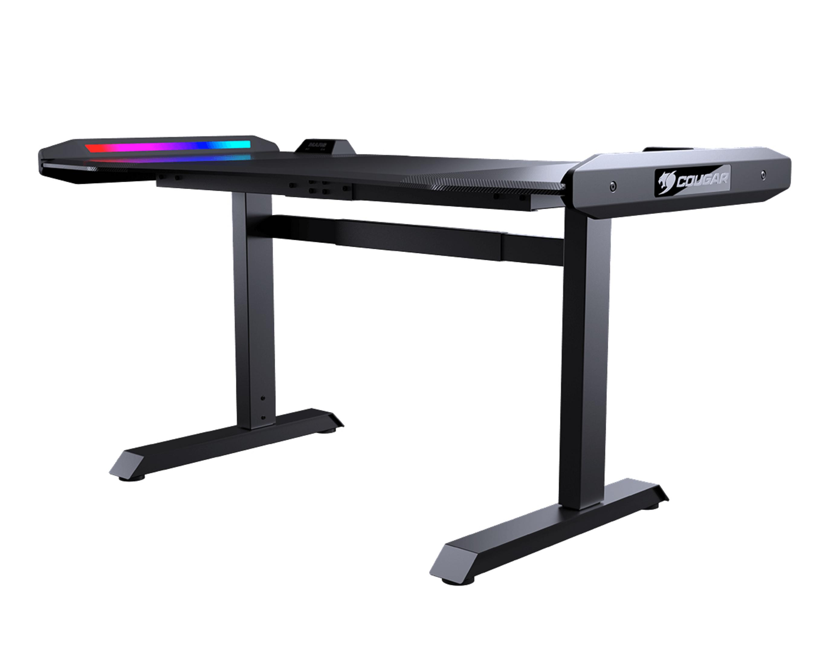 Ein schwarzer Gaming-Schreibtisch mit Farbwechsel-Lichtleiste und höhenverstellbar.