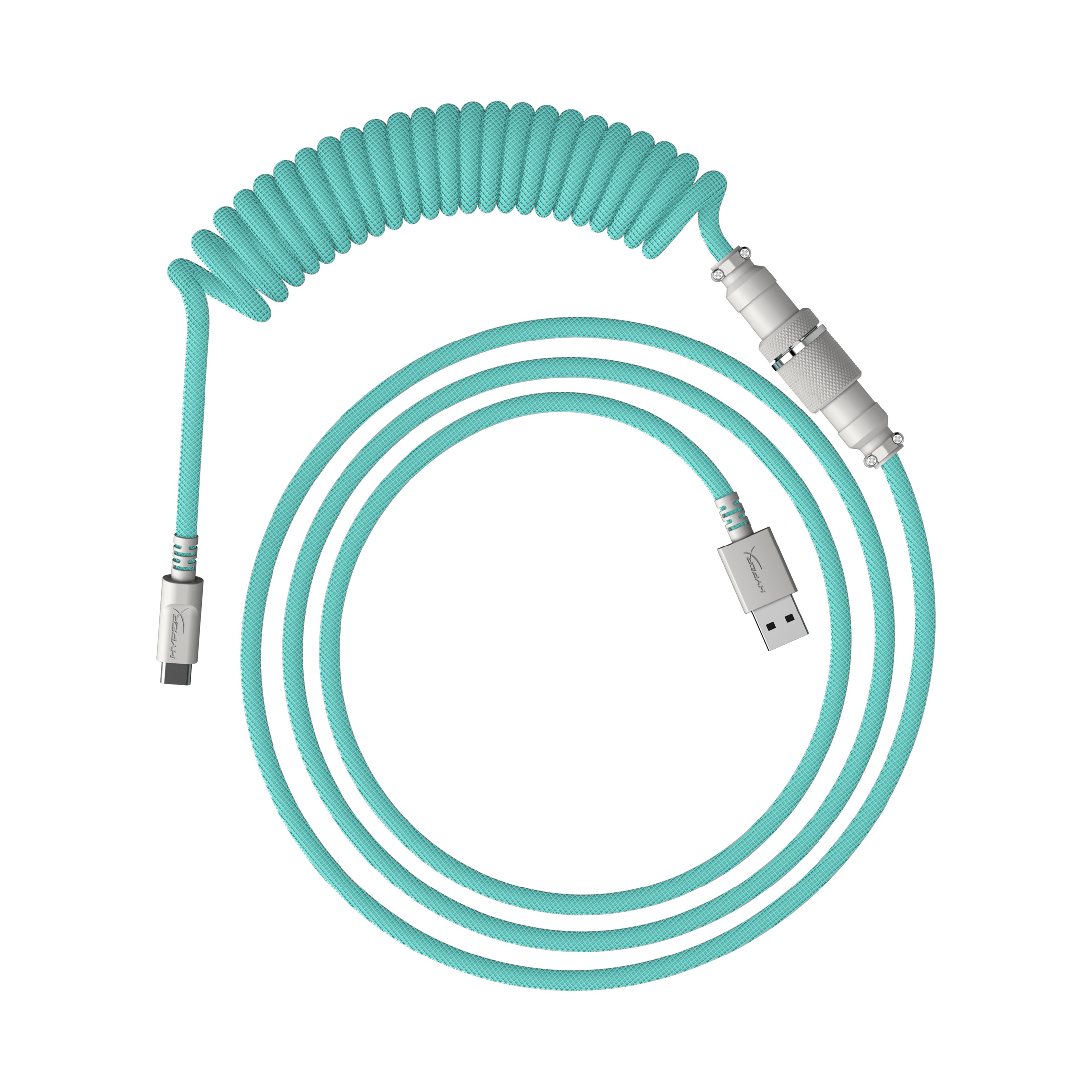 Cavo a spirale turchese con due connettori argentati. Connettori USB-A e USB-C.