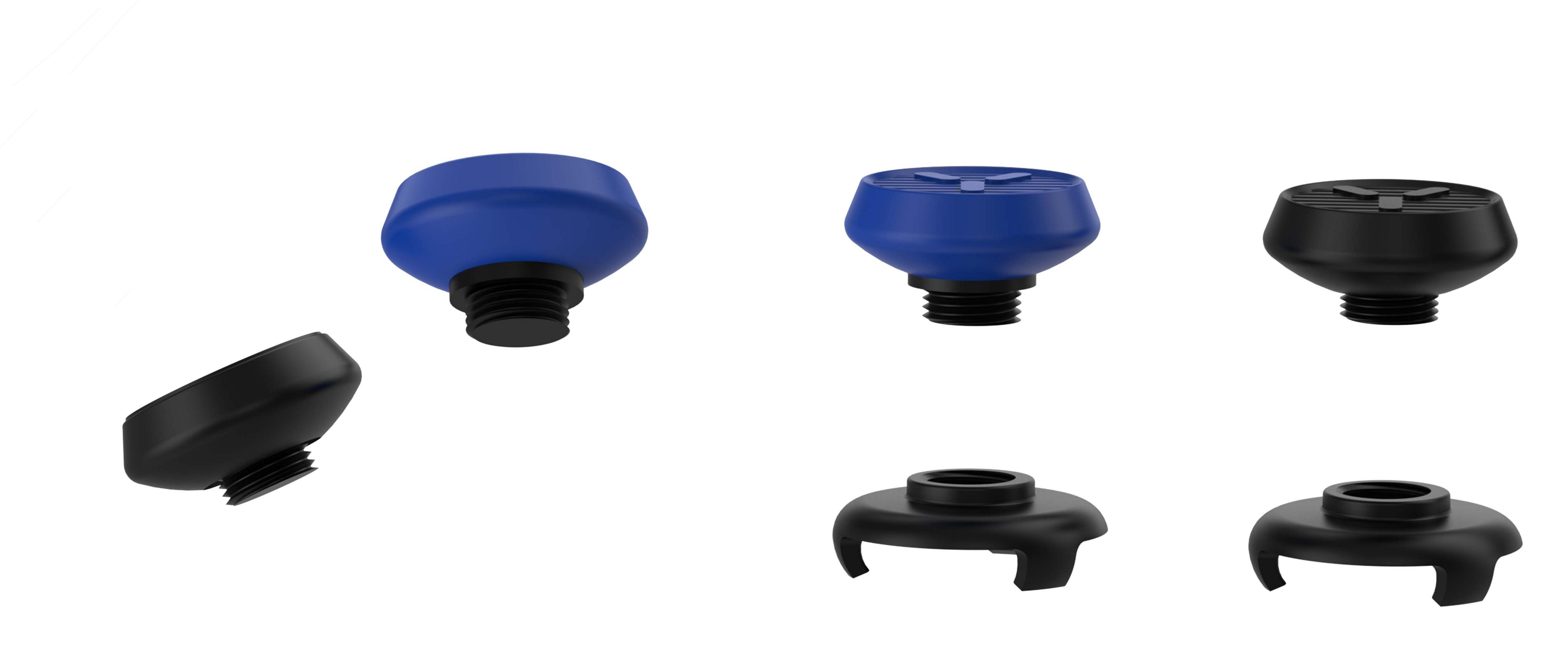 Verschiedene schwarze und blaue Joystick-Kappen. Einige haben einen Gewindesockel zur Befestigung.