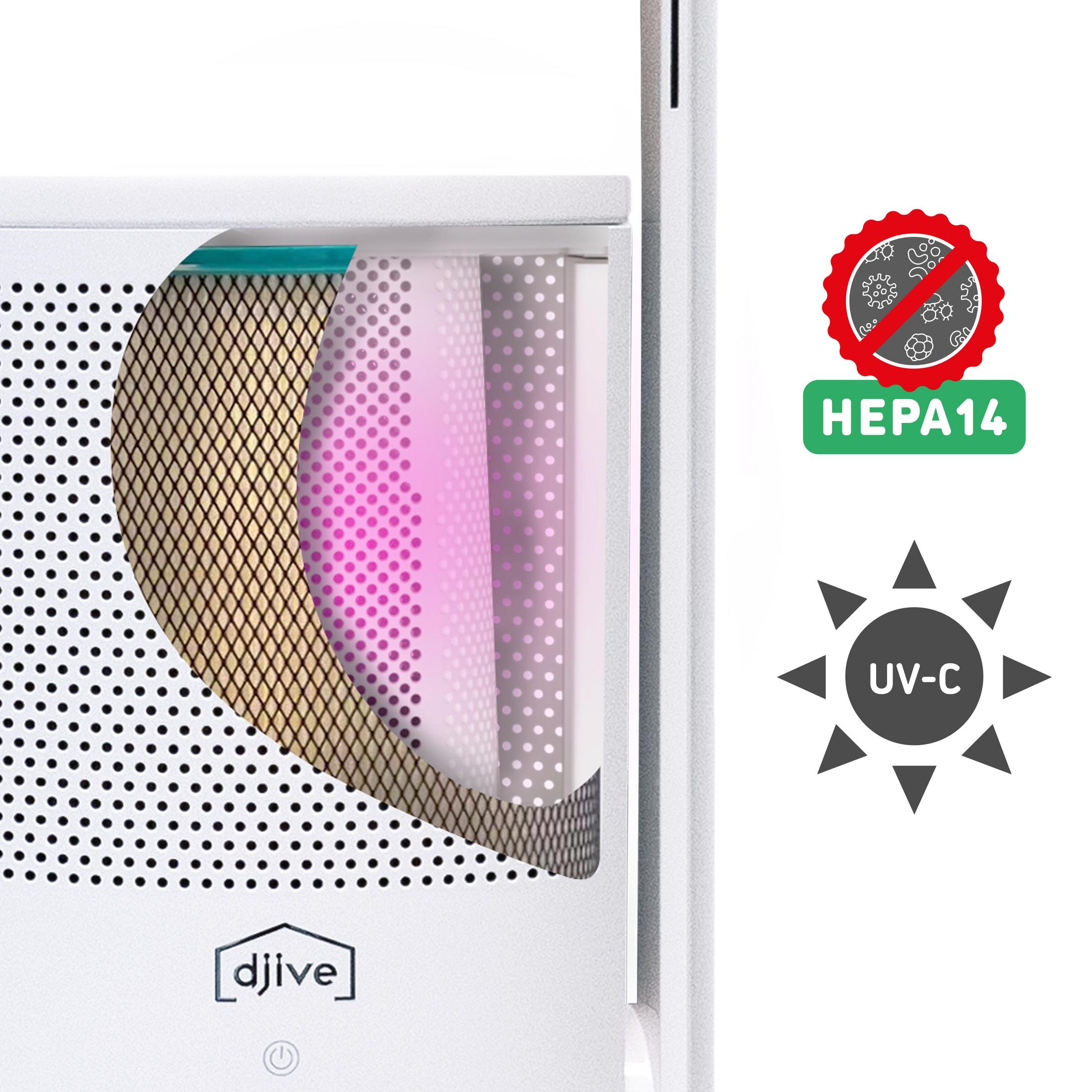 Querschnitt eines Luftreinigers mit Filtern und UV-C-Licht, mit HEPA14-Abzeichen.