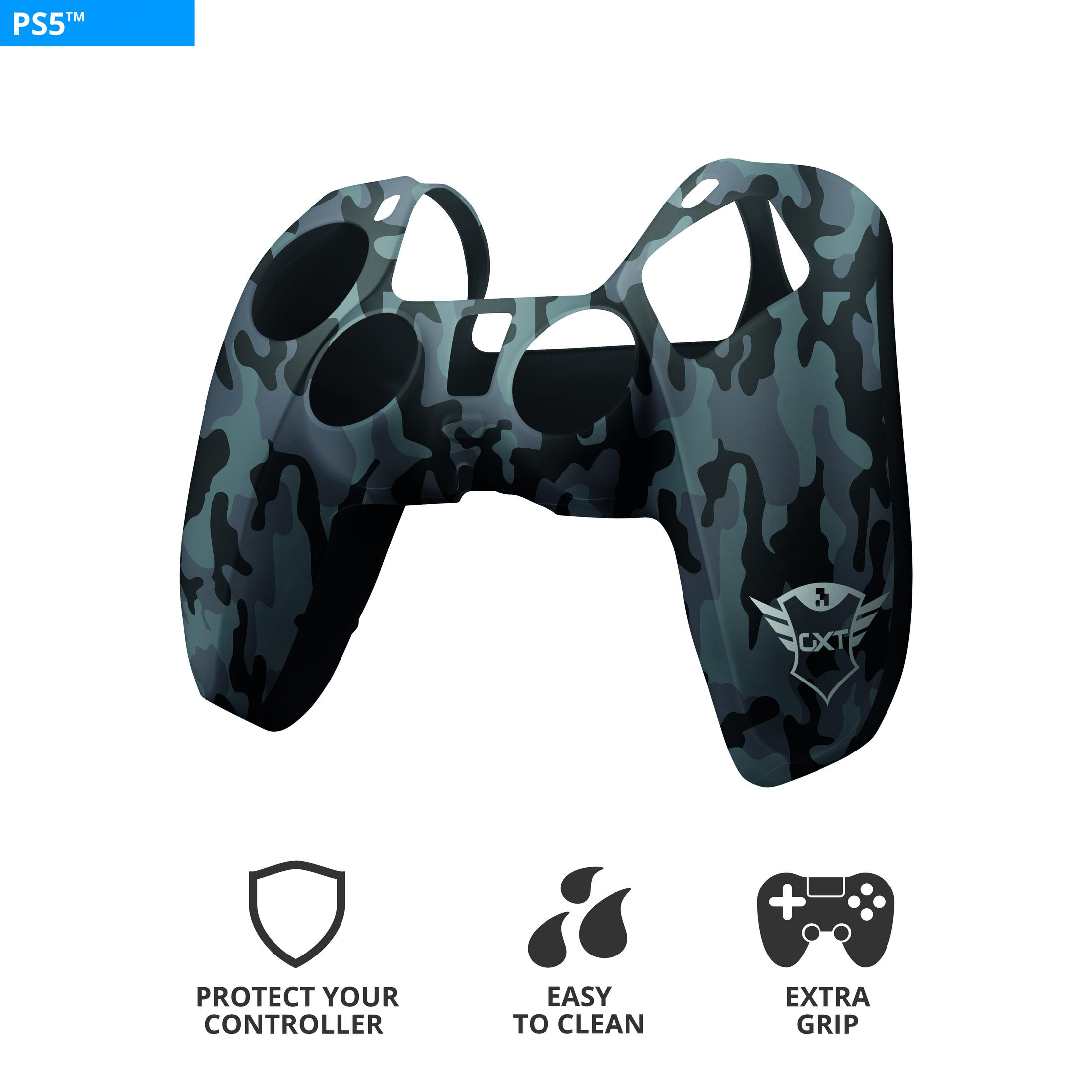 Skórka kontrolera PS5 z wzorem kamuflażu. Napis: 'PROTECT YOUR CONTROLLER'.