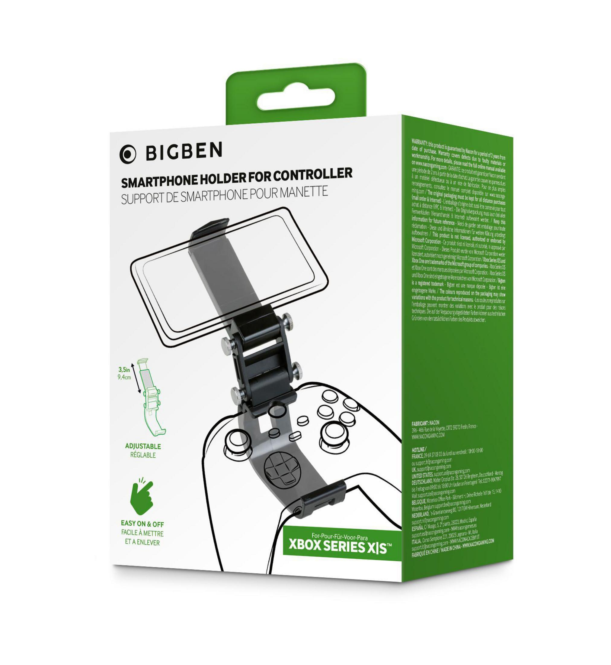 Smartphone-Halterung für Xbox Series X|S-Controller in einer grünen Box. Schwarzer und silberner Halter mit Telefon.