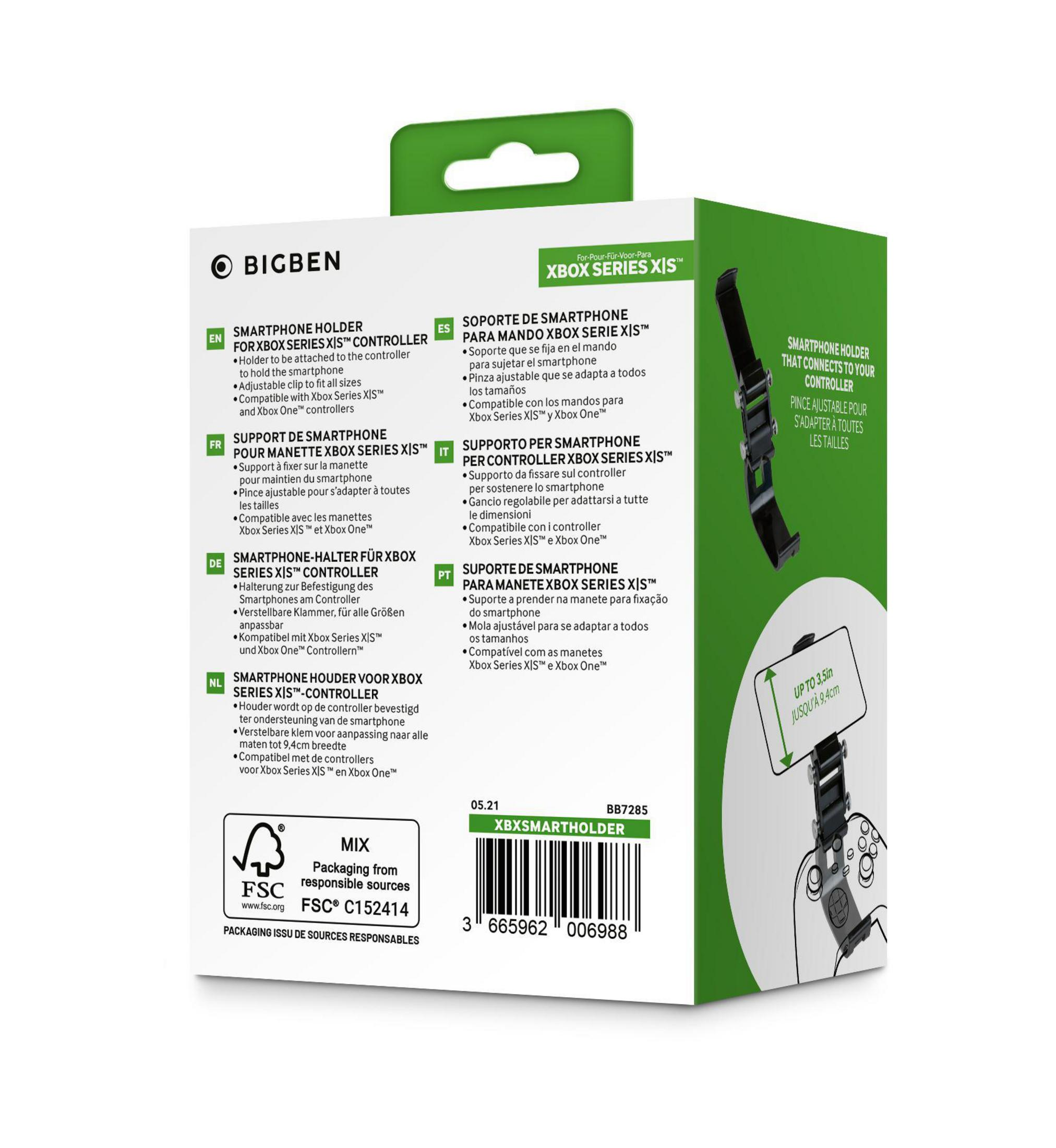 Verpackung für einen Smartphone-Halter. Text in mehreren Sprachen, Grafik von Halter und Smartphone.