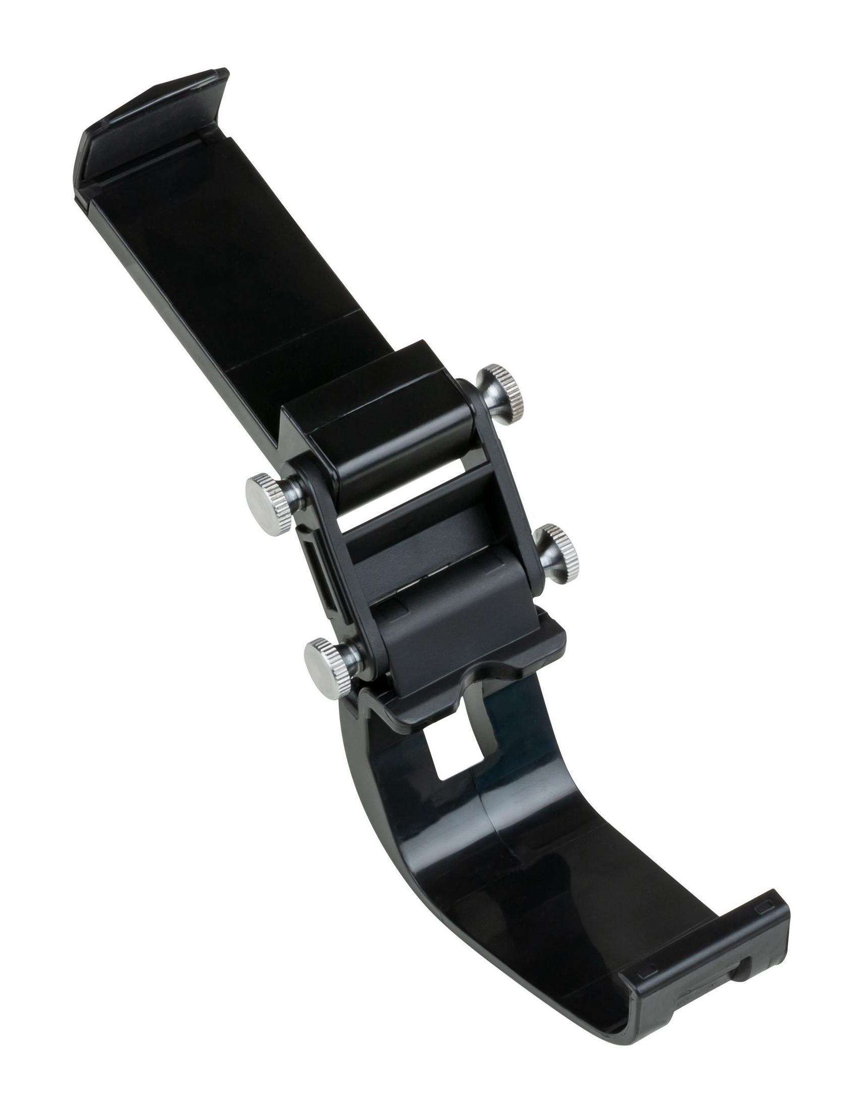 Schwarzer Controller-Telefonhalter, mit silbernen Knöpfen einstellbar.