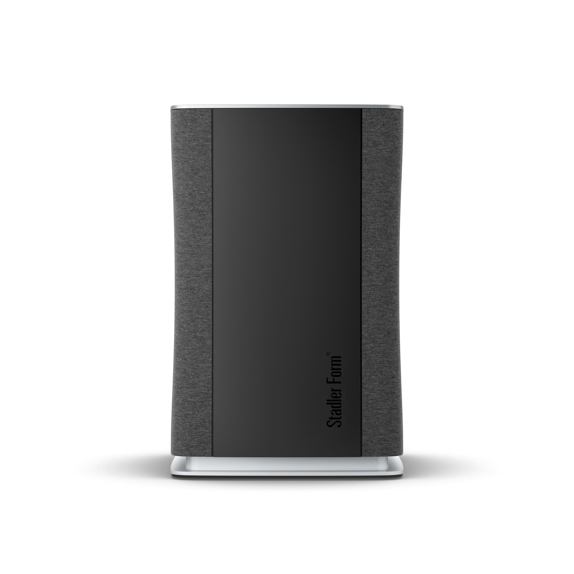 Black and gray air purifier with Stadler Form branding. Vertical design.