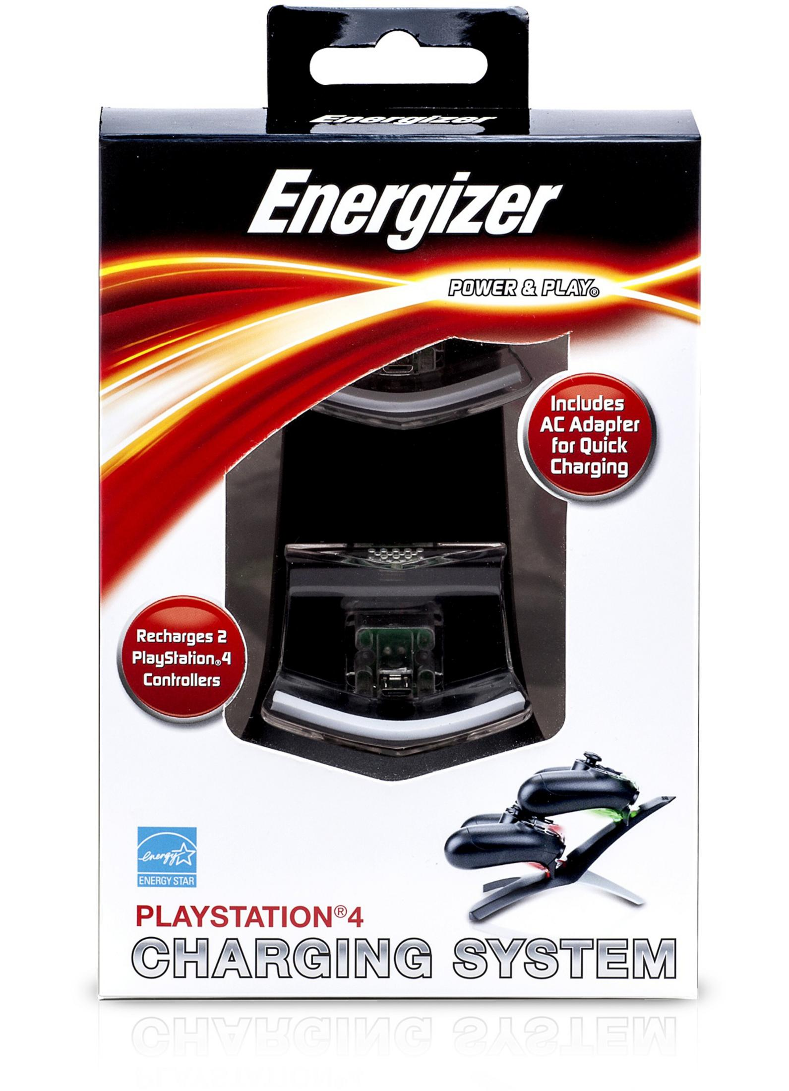 Scatola del sistema di ricarica Energizer Playstation 4. Design nero e rosso con immagini dei controller.