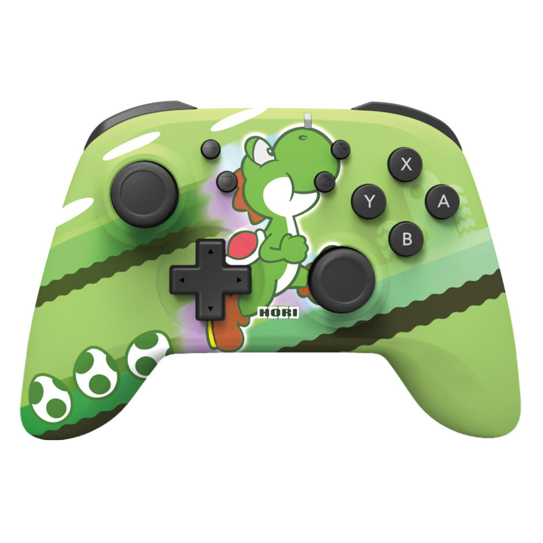 Grüner Controller mit Yoshi-Design, schwarzen Knöpfen und Steuerkreuz, auf weißem Hintergrund.