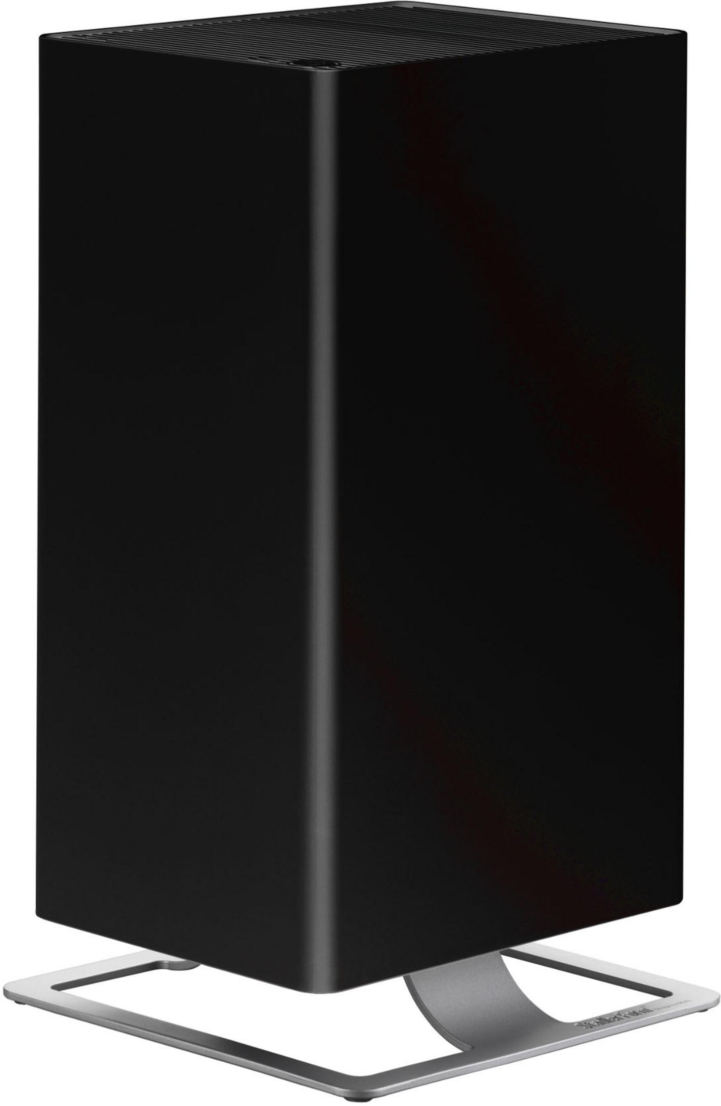 Dispositivo nero a forma di torre con base argentata, probabilmente PC.