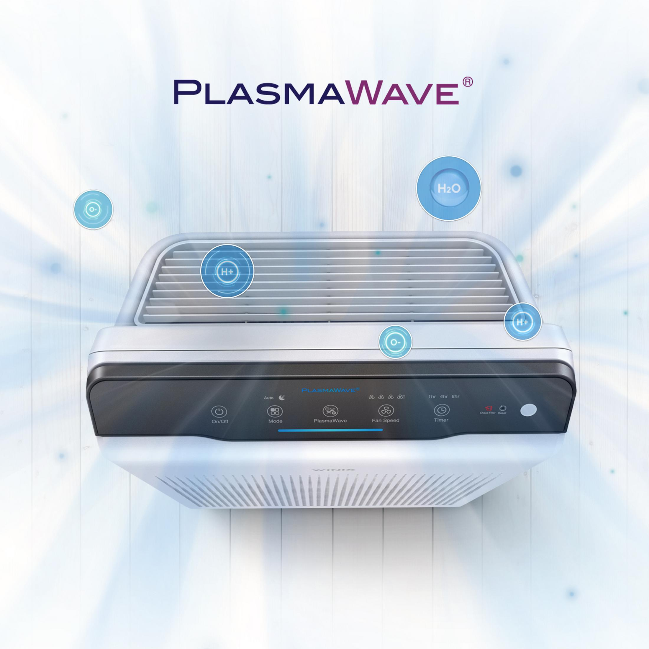 Purificatore d'aria bianco e nero con logo Plasmawave e diversi pulsanti funzione.