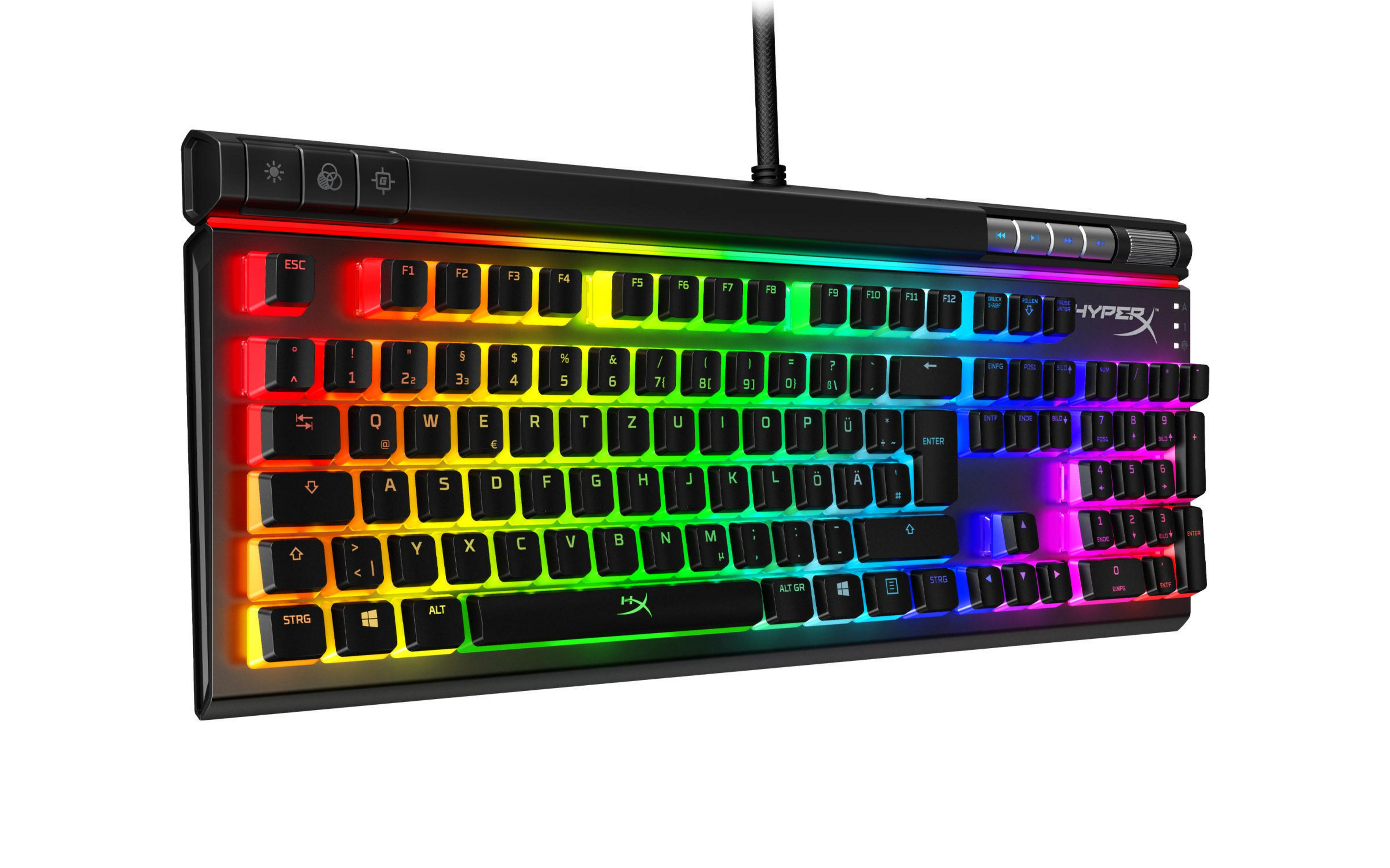 Klawiatura dla graczy z wieloma kolorami światła, czarnymi klawiszami i białym tłem.