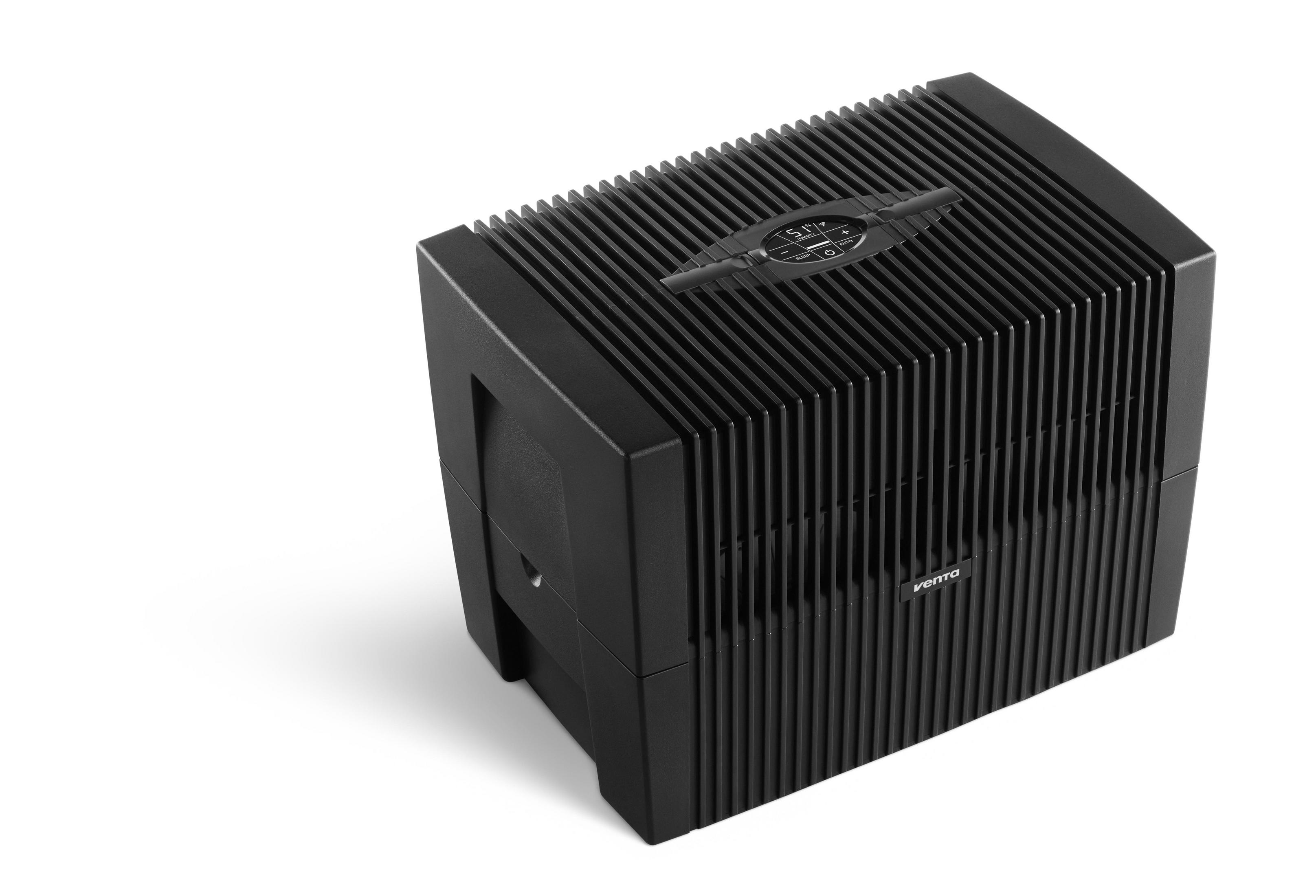 Czarny oczyszczacz powietrza z żebrowanym wierzchem. Prostokątny kształt, na białym tle. Nowoczesny design.