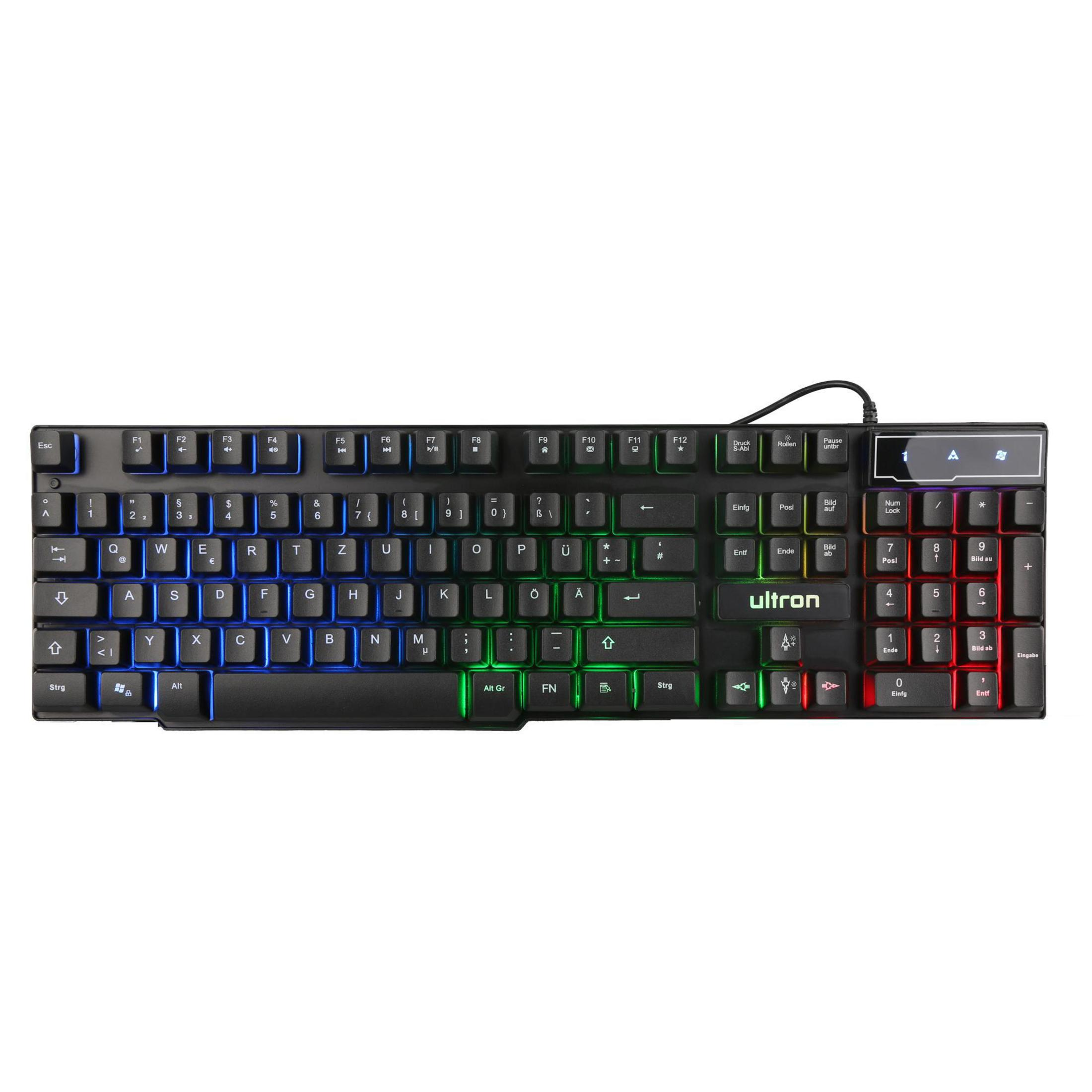 Schwarze Gaming-Tastatur mit mehrfarbigen Tasten und einem USB-Kabel.
