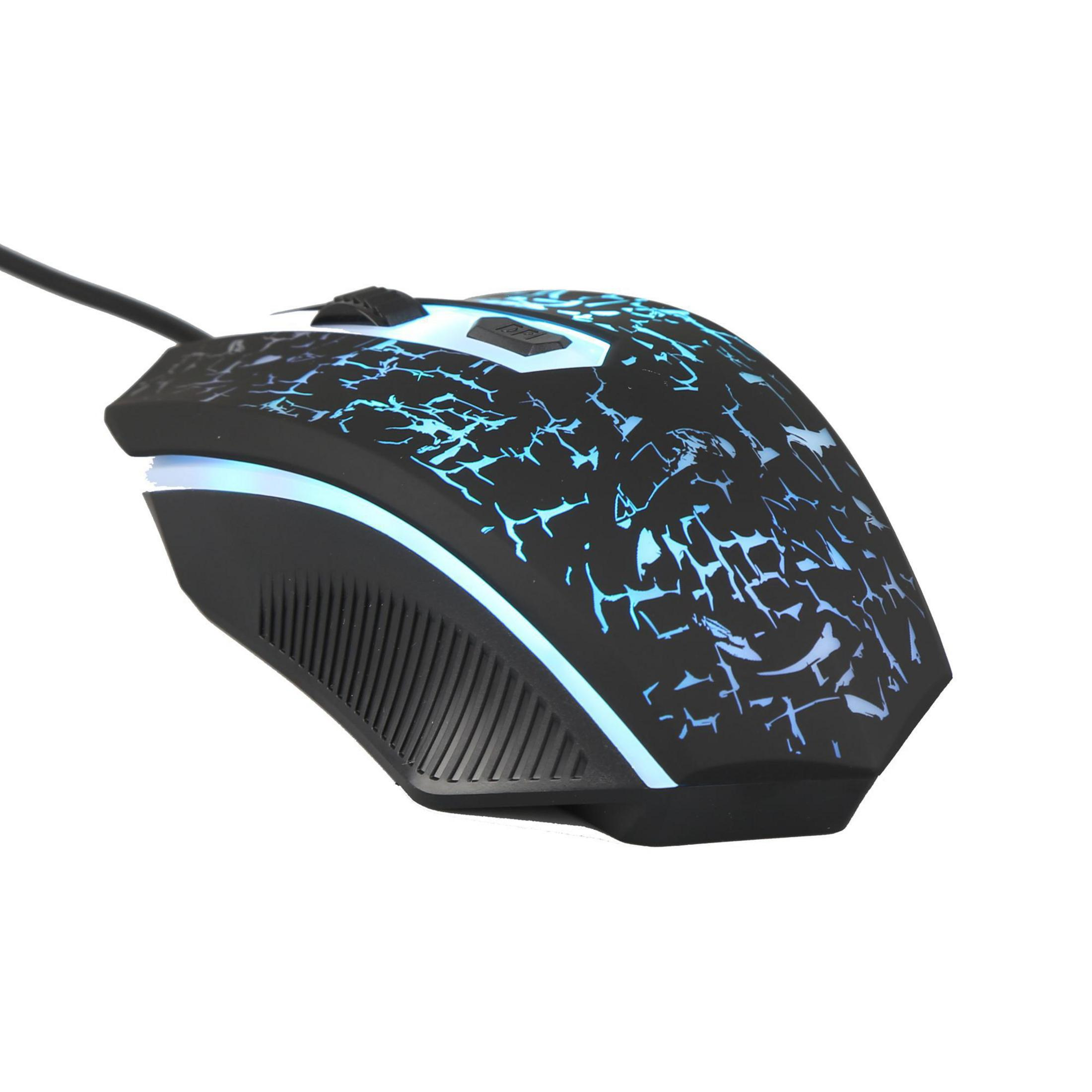 Gaming-Maus mit blauen Lichtakzenten. Schwarze Basis mit Rissdesign. Isoliert auf weißem Hintergrund.