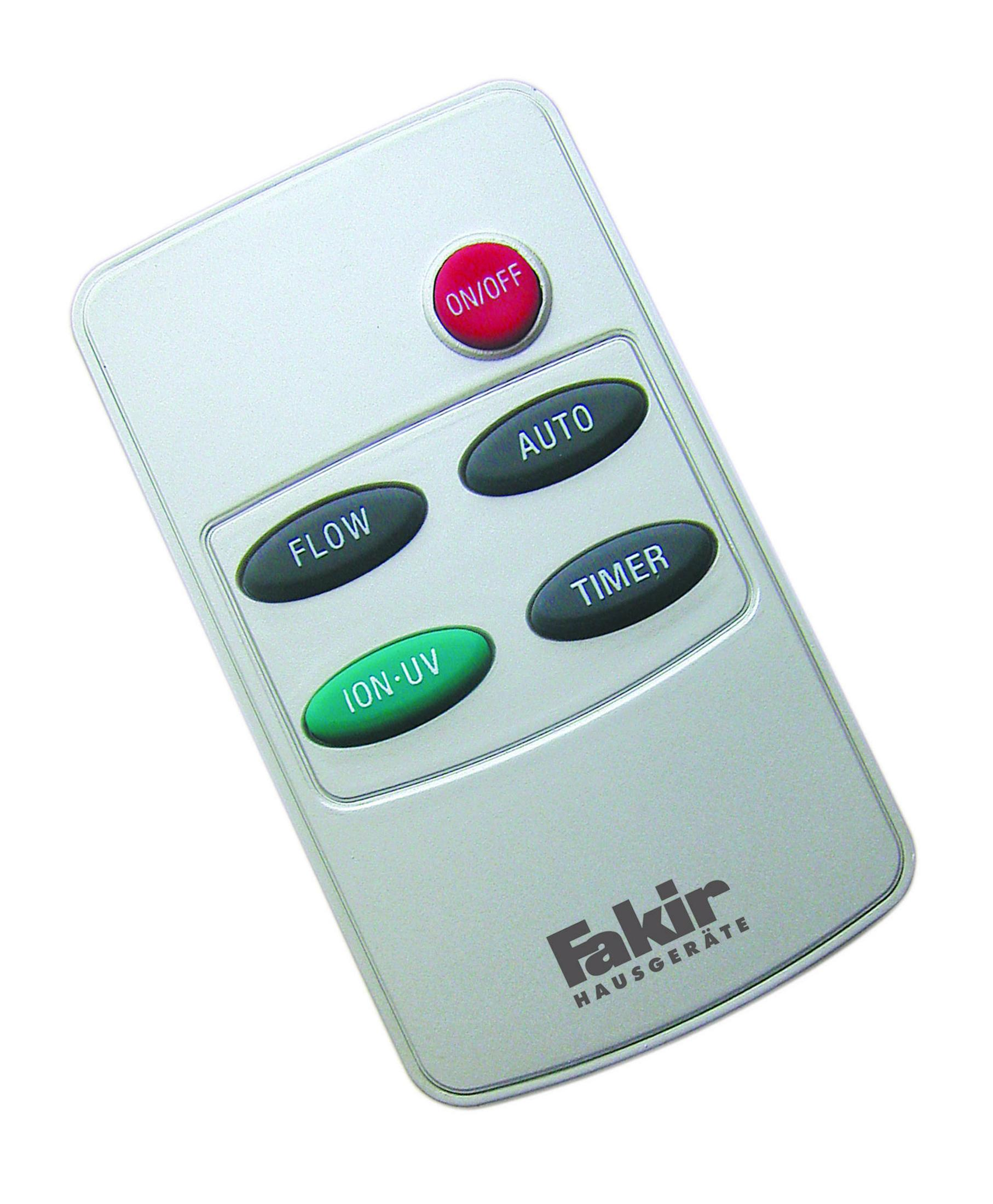 Silberne Fernbedienung mit Tasten für Flow, Auto, Timer und Ion-UV.