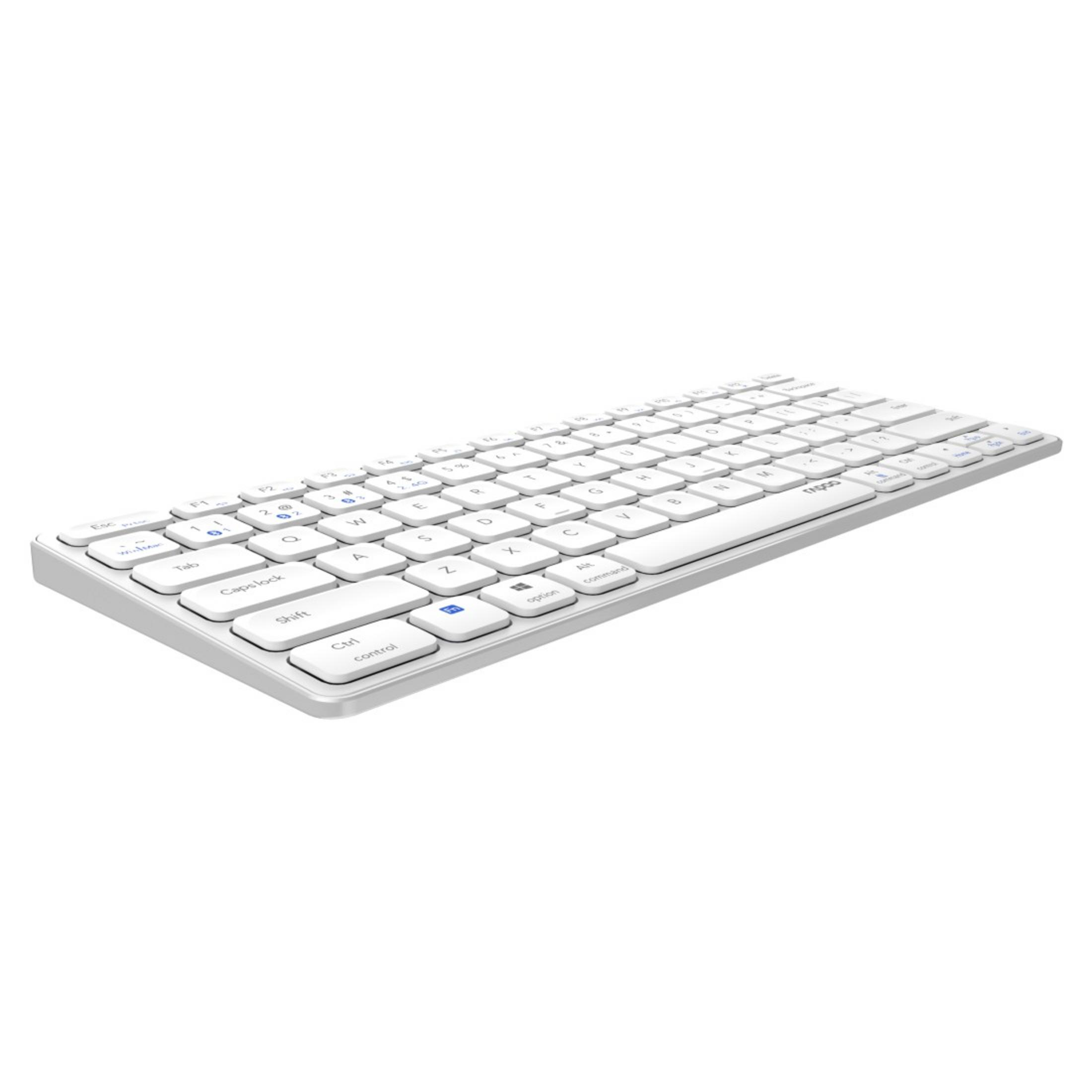 Tastiera wireless bianca. I tasti sono bianchi con etichette scure. Isolato su sfondo bianco.
