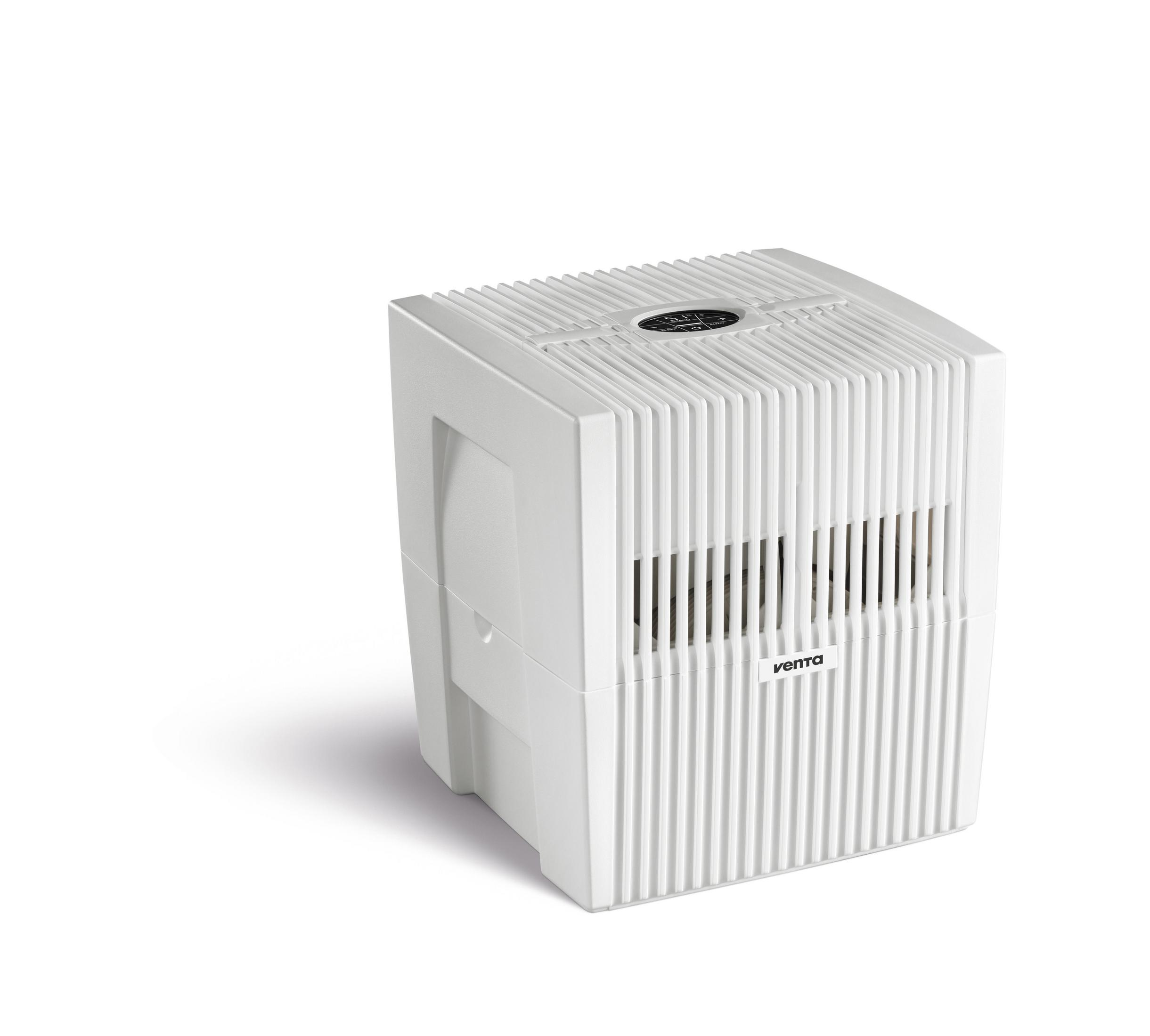 Biały oczyszczacz powietrza Venta, białe tło, widok z boku.