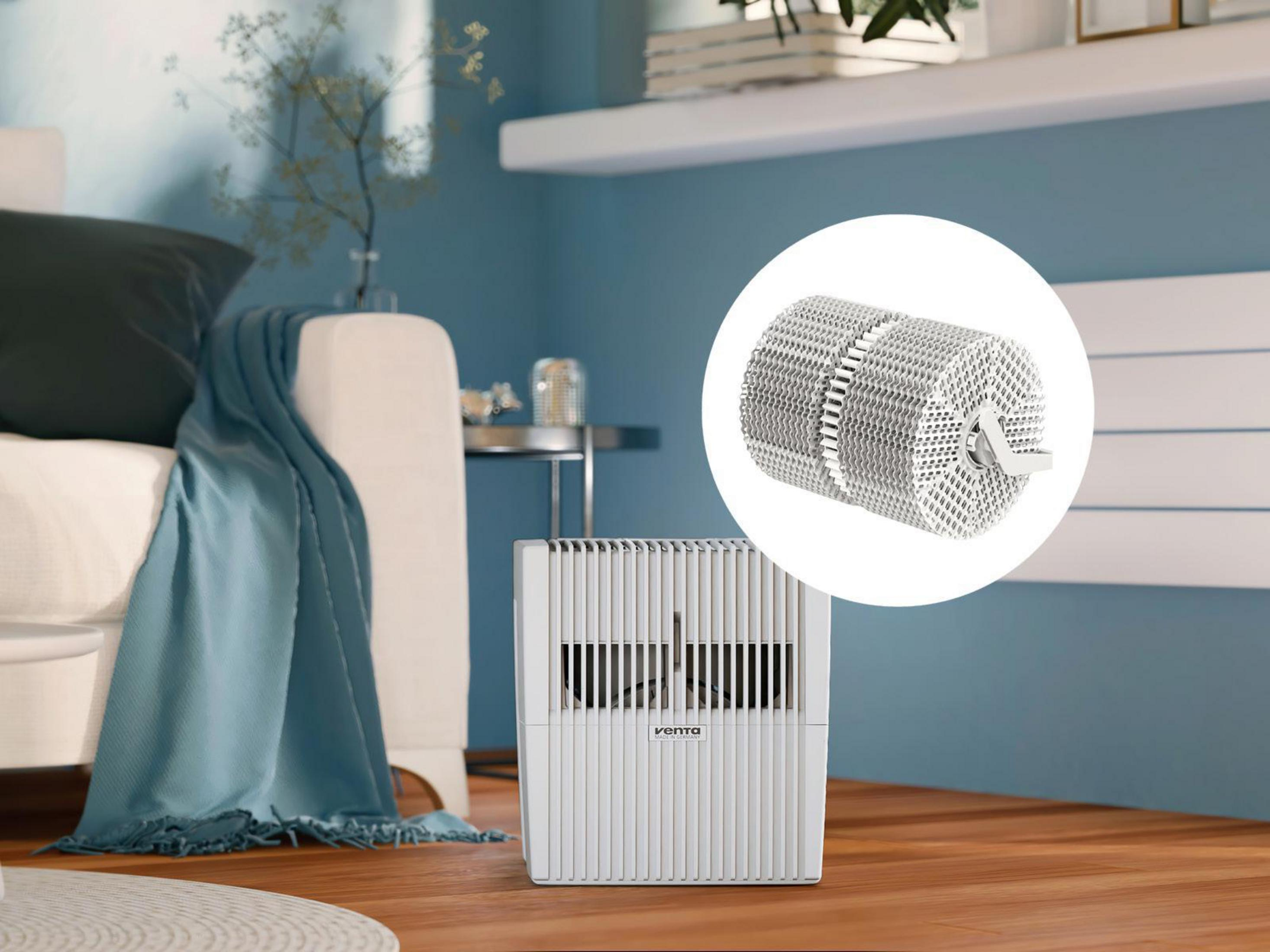 Wyświetlacz nawilżacza i filtra, pokazujący działanie urządzenia.