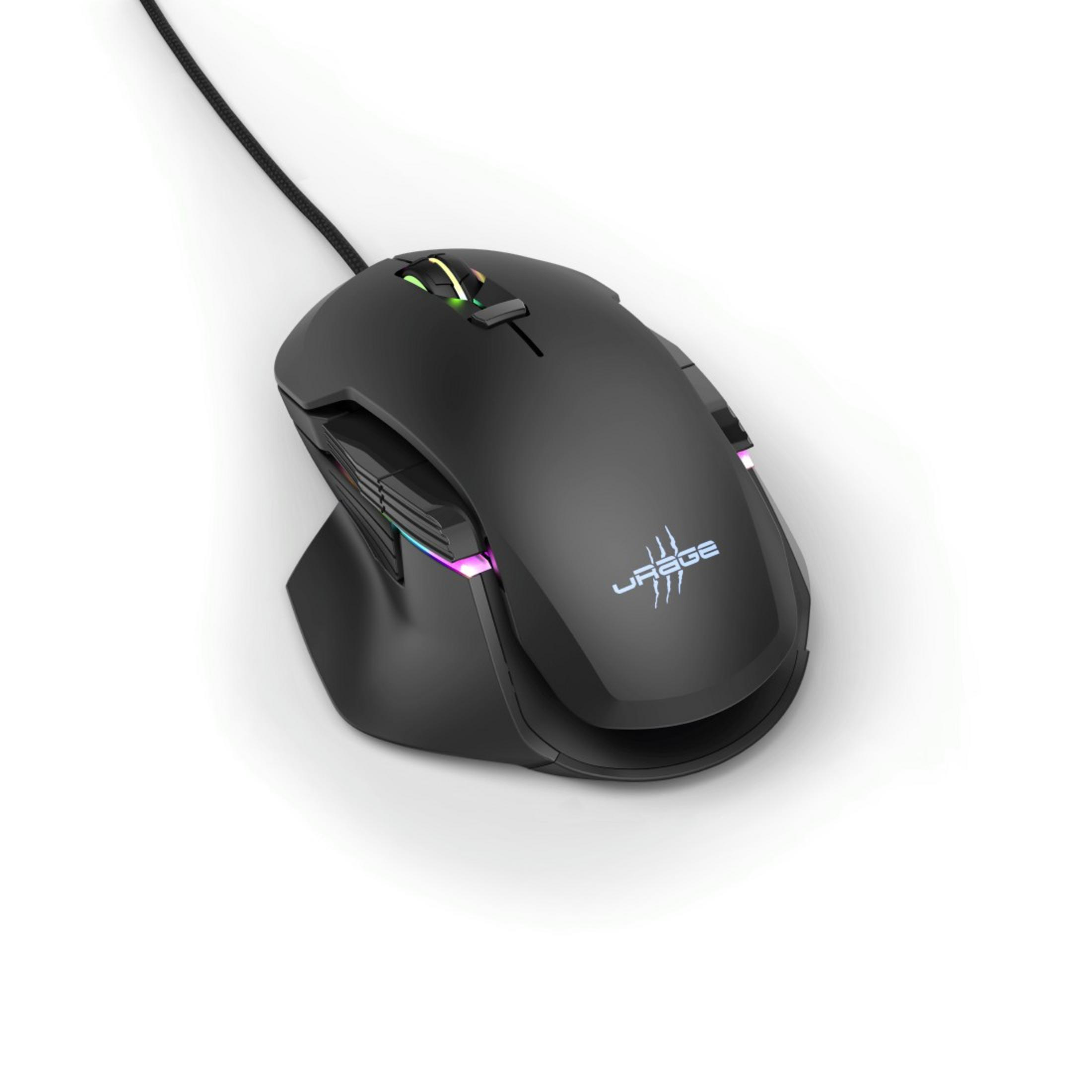 Eine schwarze Gaming-Maus mit farbigen Lichtern. Die Maus hat Seitentasten und ein Kabel.