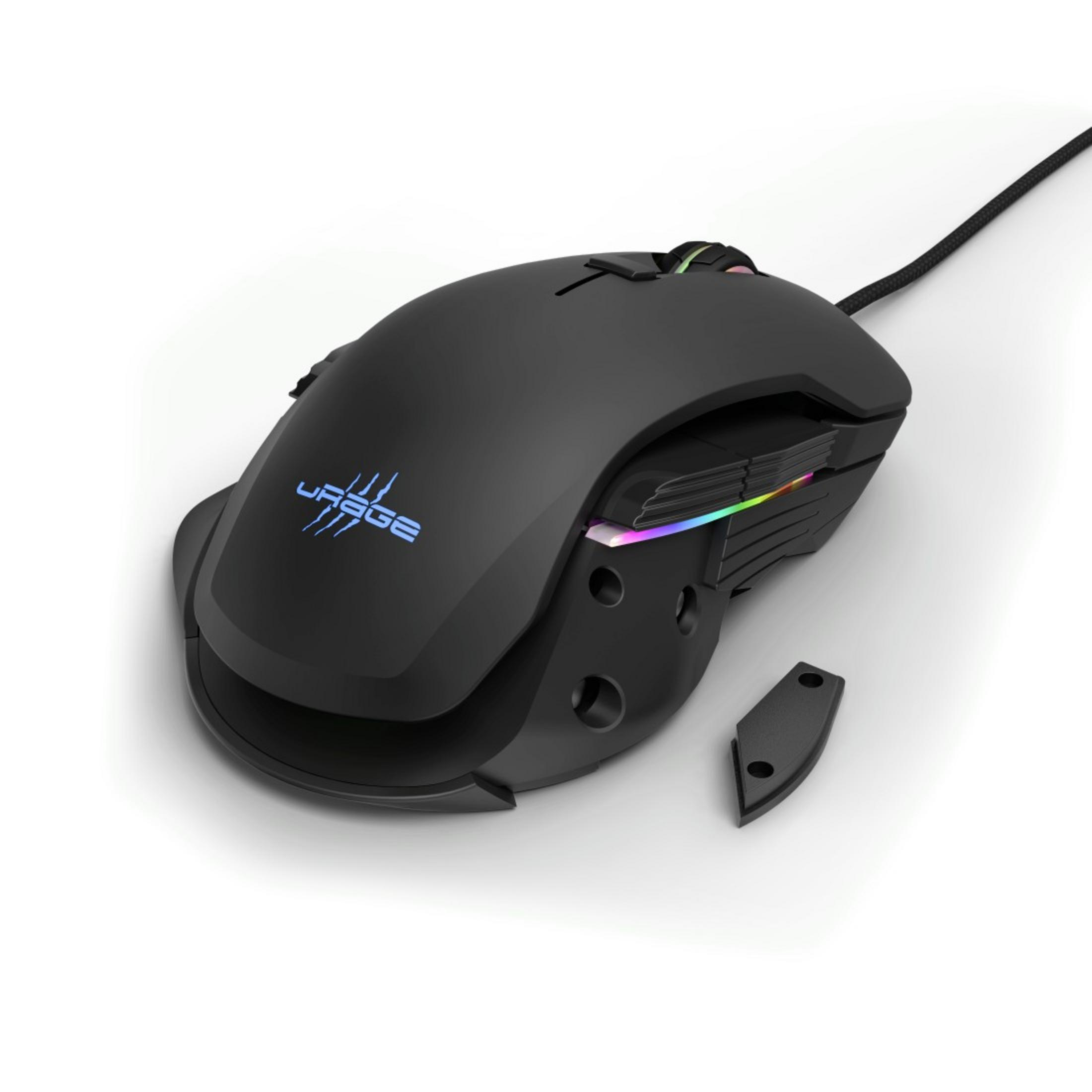 Schwarze Gaming-Maus mit blauem Logo und Seitentasten. Ein abnehmbares Teil befindet sich an der Seite.