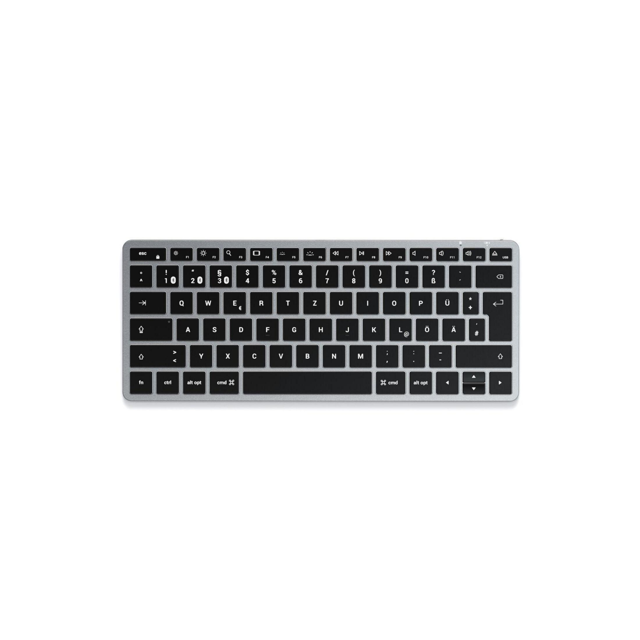 Silberne Tastatur mit schwarzen Tasten. Es ist eine flache Tastatur.
