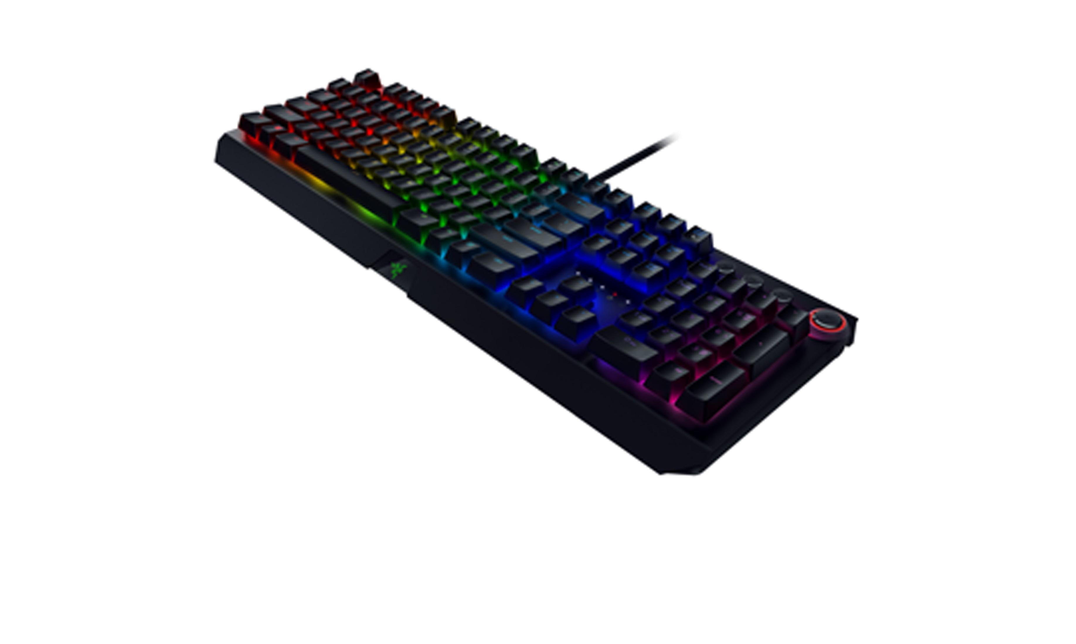 Schwarze Tastatur mit mehrfarbig beleuchteten Tasten.