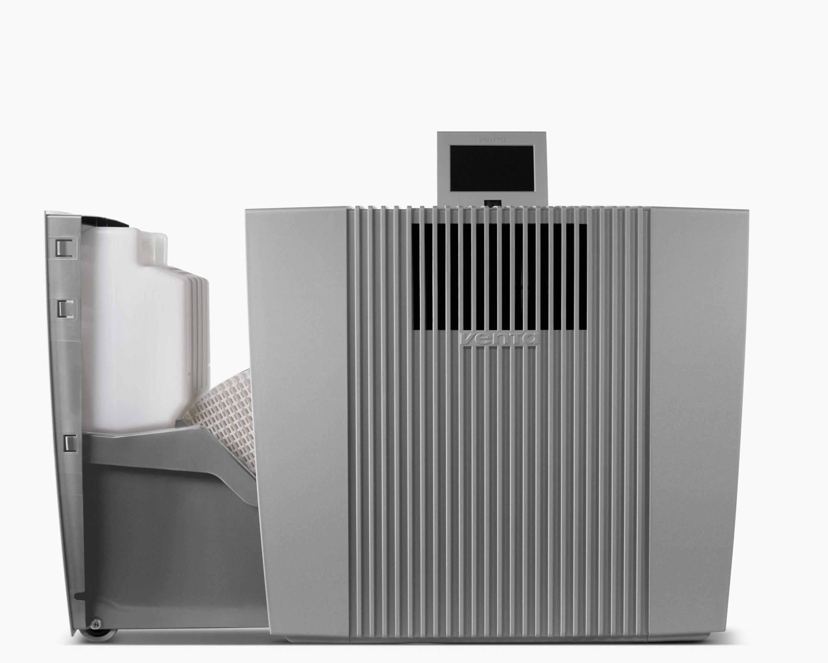 Umidificatore grigio con serbatoio dell'acqua laterale.