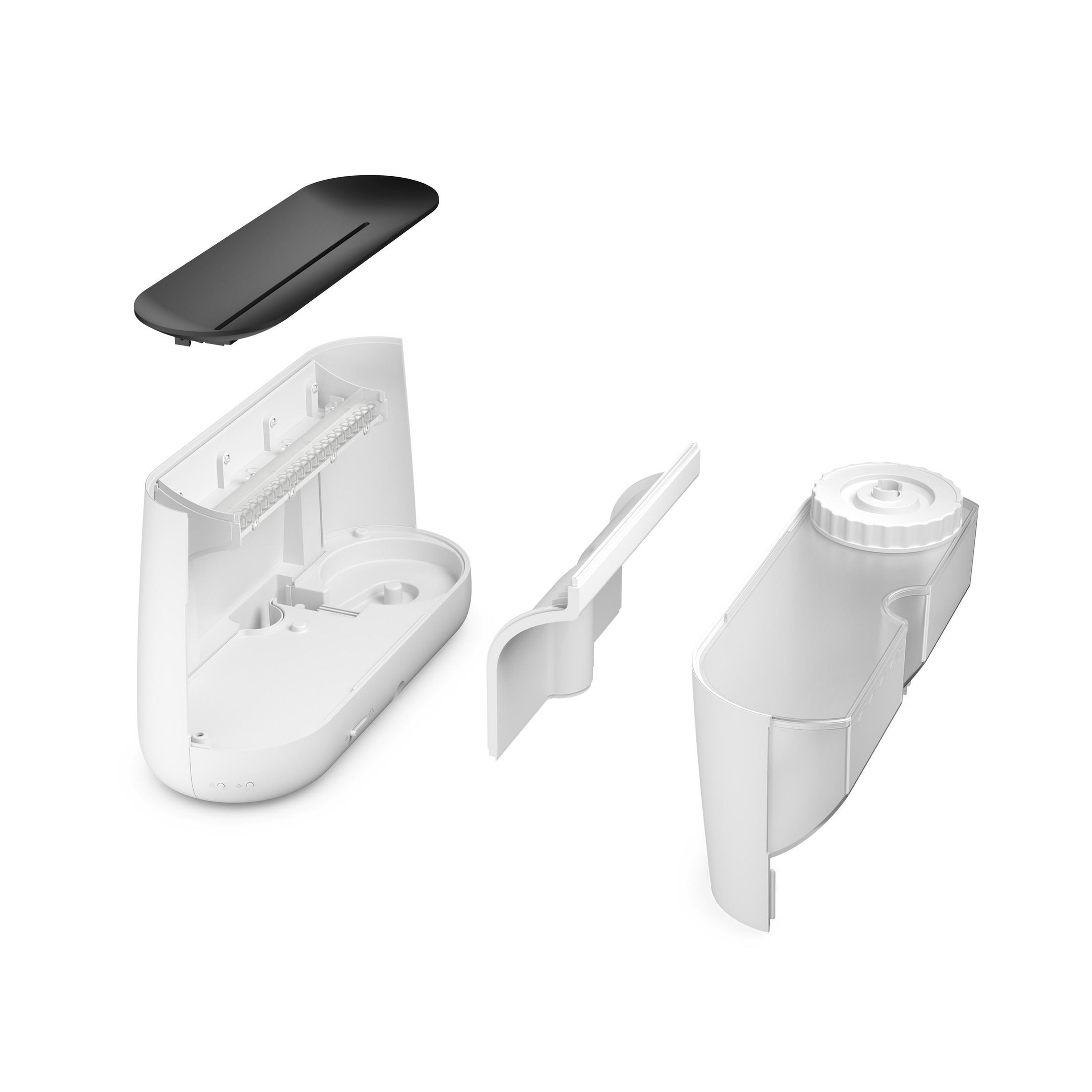 Białe zdemontowane elementy urządzenia: góra, korpus, pojemnik i ostrze.