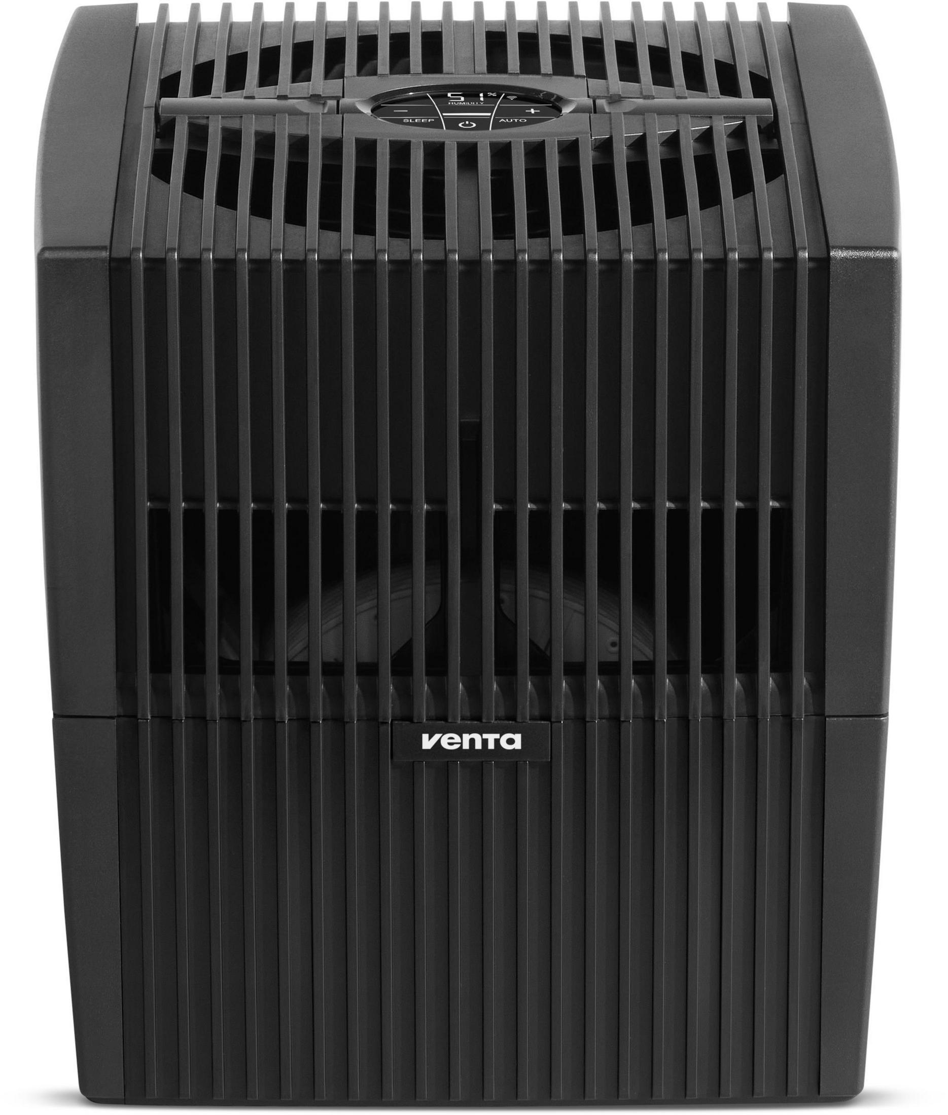 Czarny oczyszczacz powietrza z pionowymi otworami wentylacyjnymi. Z logo i panelem u góry.