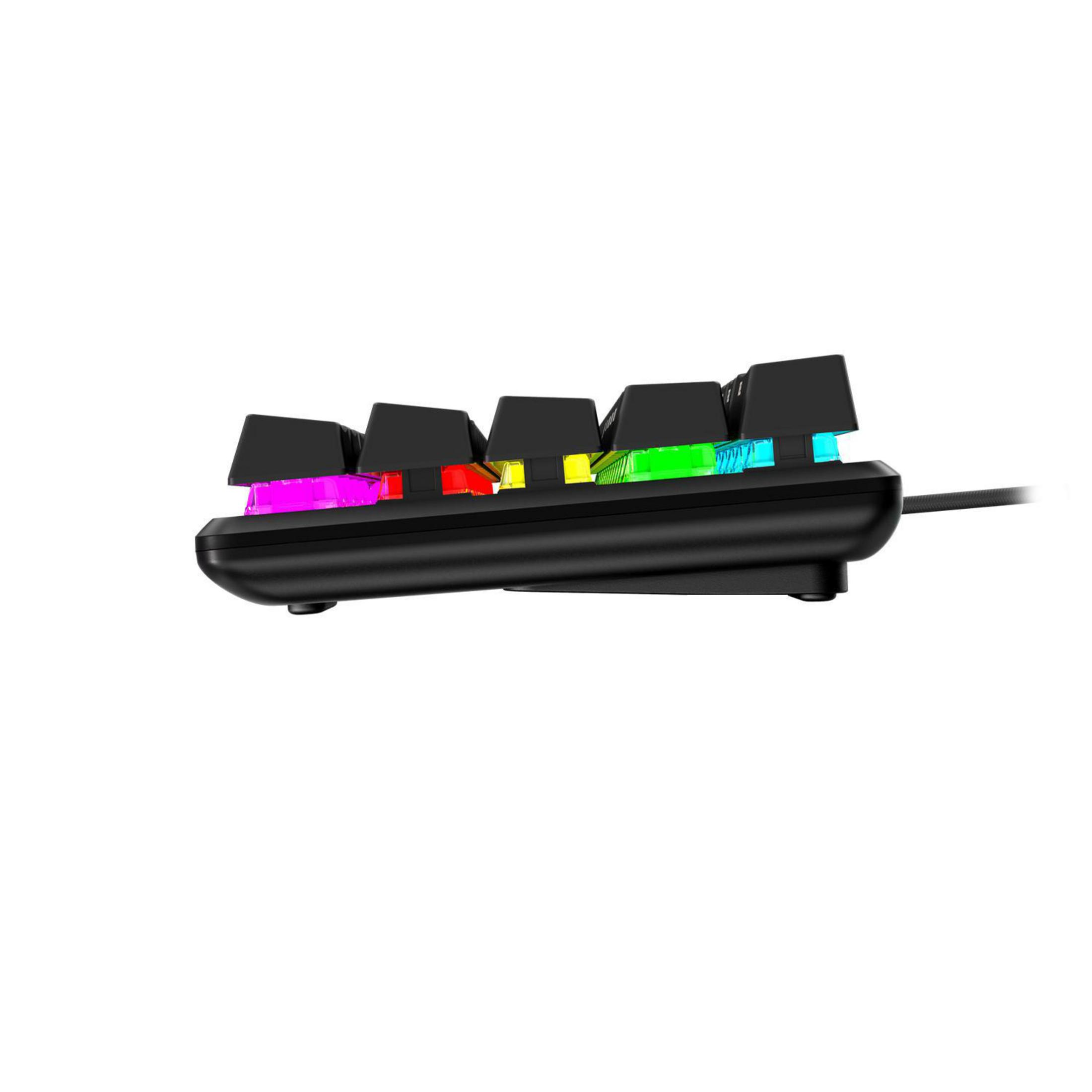 Schwarze Gaming-Tastatur mit beleuchteten Tasten. Die Tasten haben verschiedene Farben.