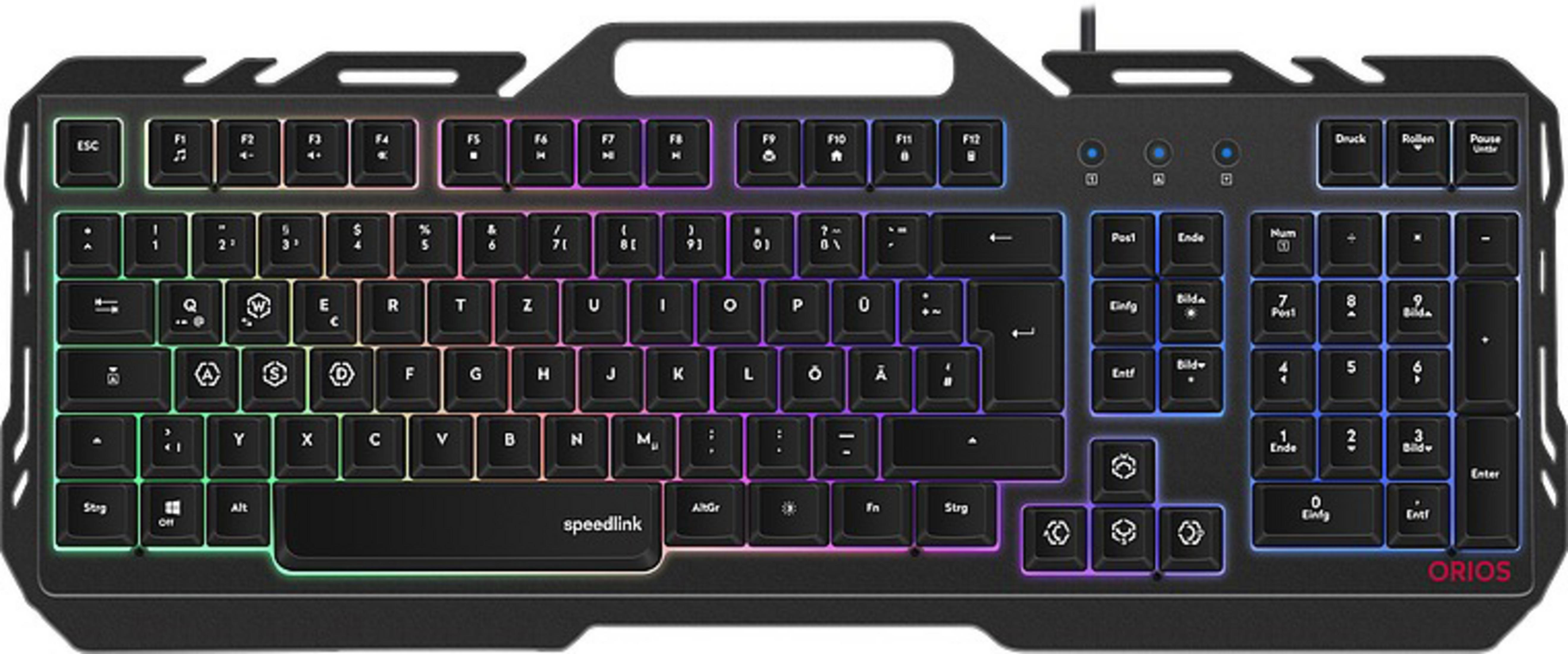 Schwarze beleuchtete Tastatur mit bunten Tasten auf weißem Hintergrund.