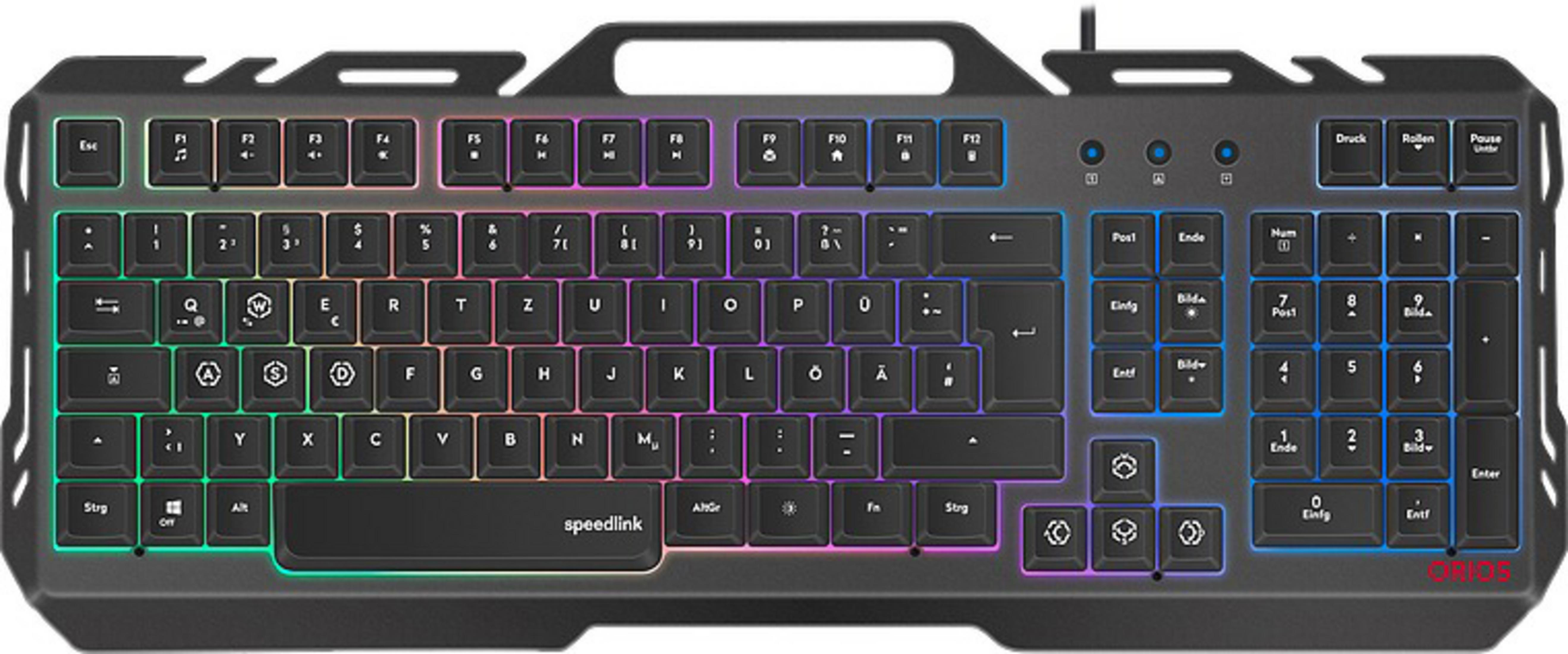 Gaming-Tastatur mit Regenbogen-Hintergrundbeleuchtung. Schwarze Tasten, deutsches Layout.