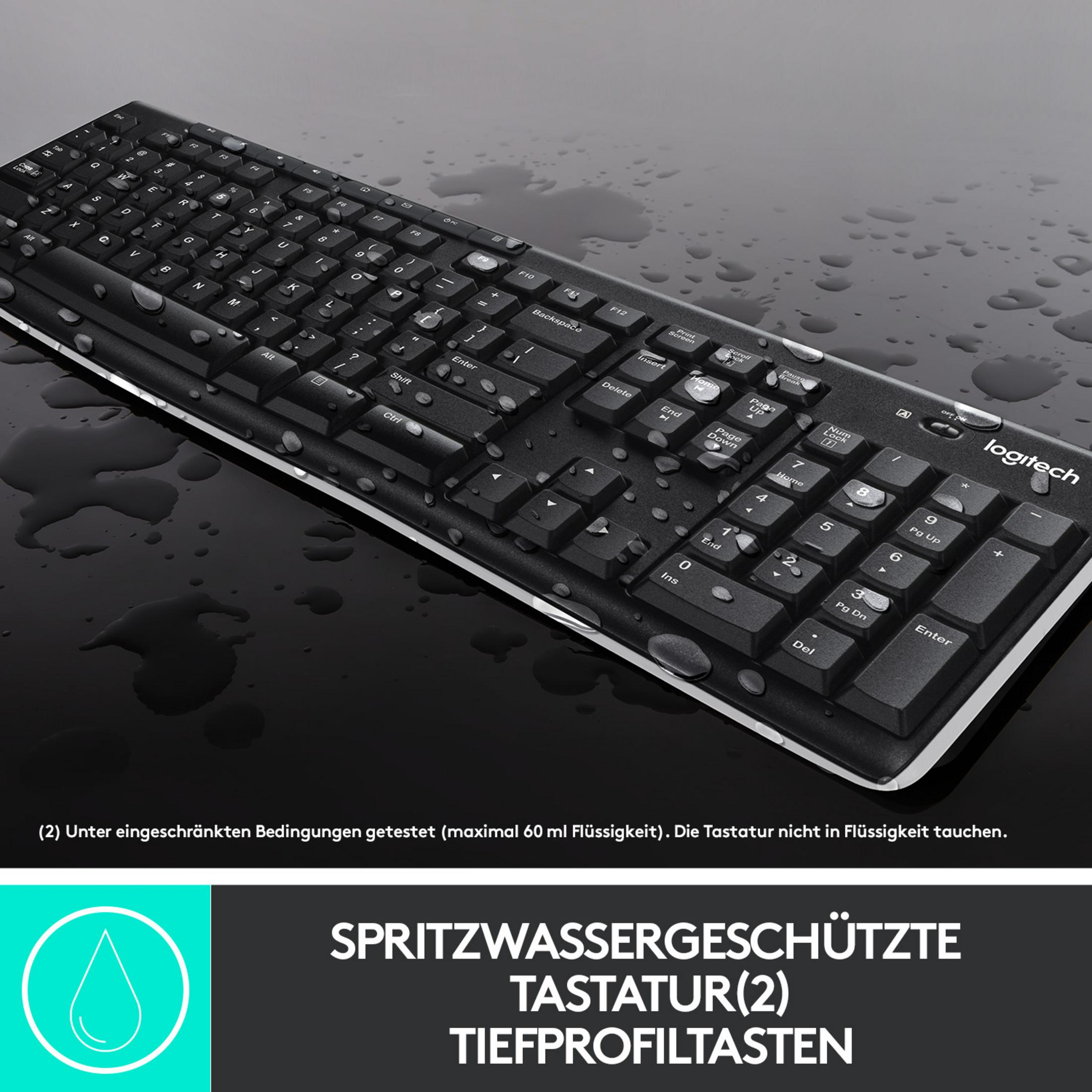 Tastiera nera con gocce d'acqua sulla superficie e testo bianco.