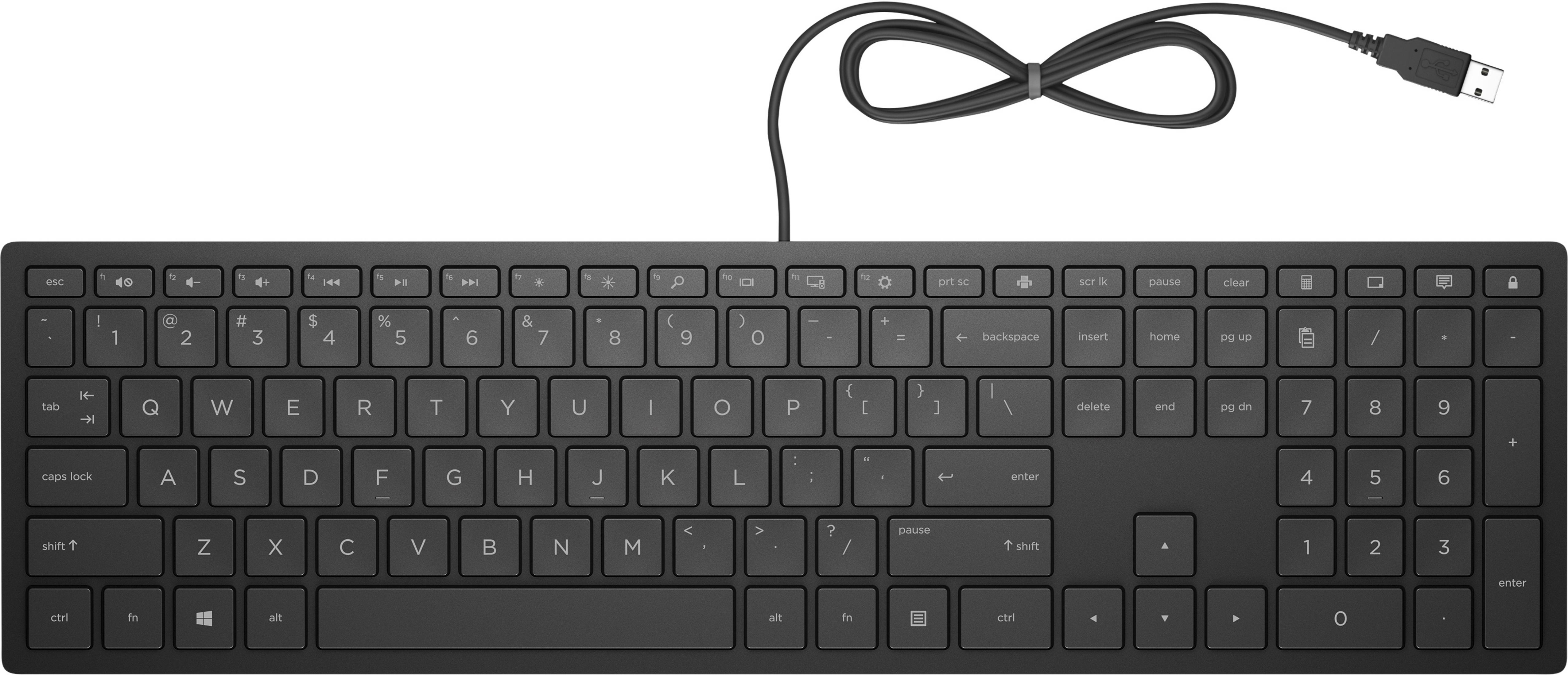 Tastiera nera con cavo USB. Tasti con lettere, numeri e simboli.