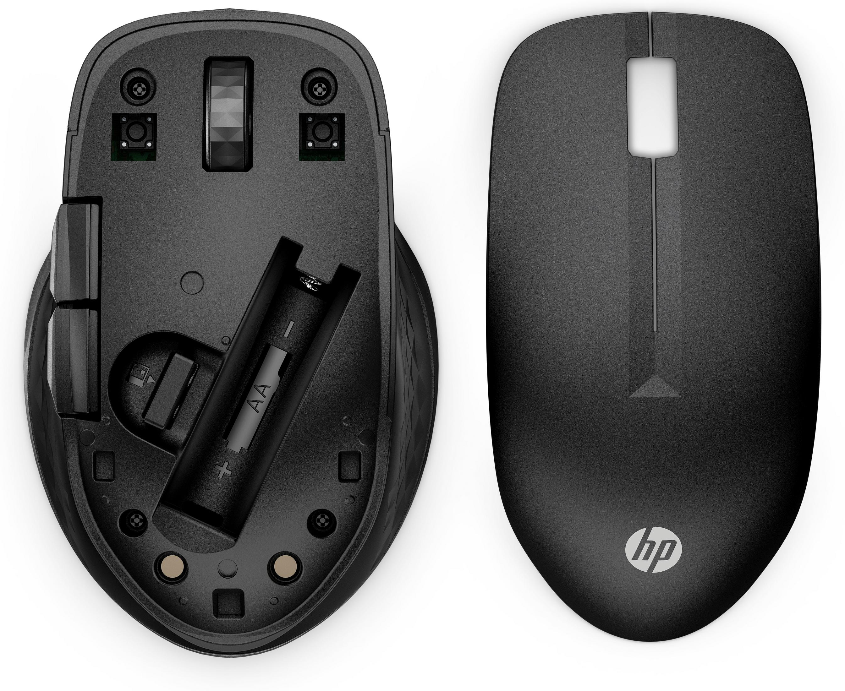 Siyah HP fare, alt ve üst görünümler. AA pil ve HP logosu ile açık pil bölmesini gösterir.