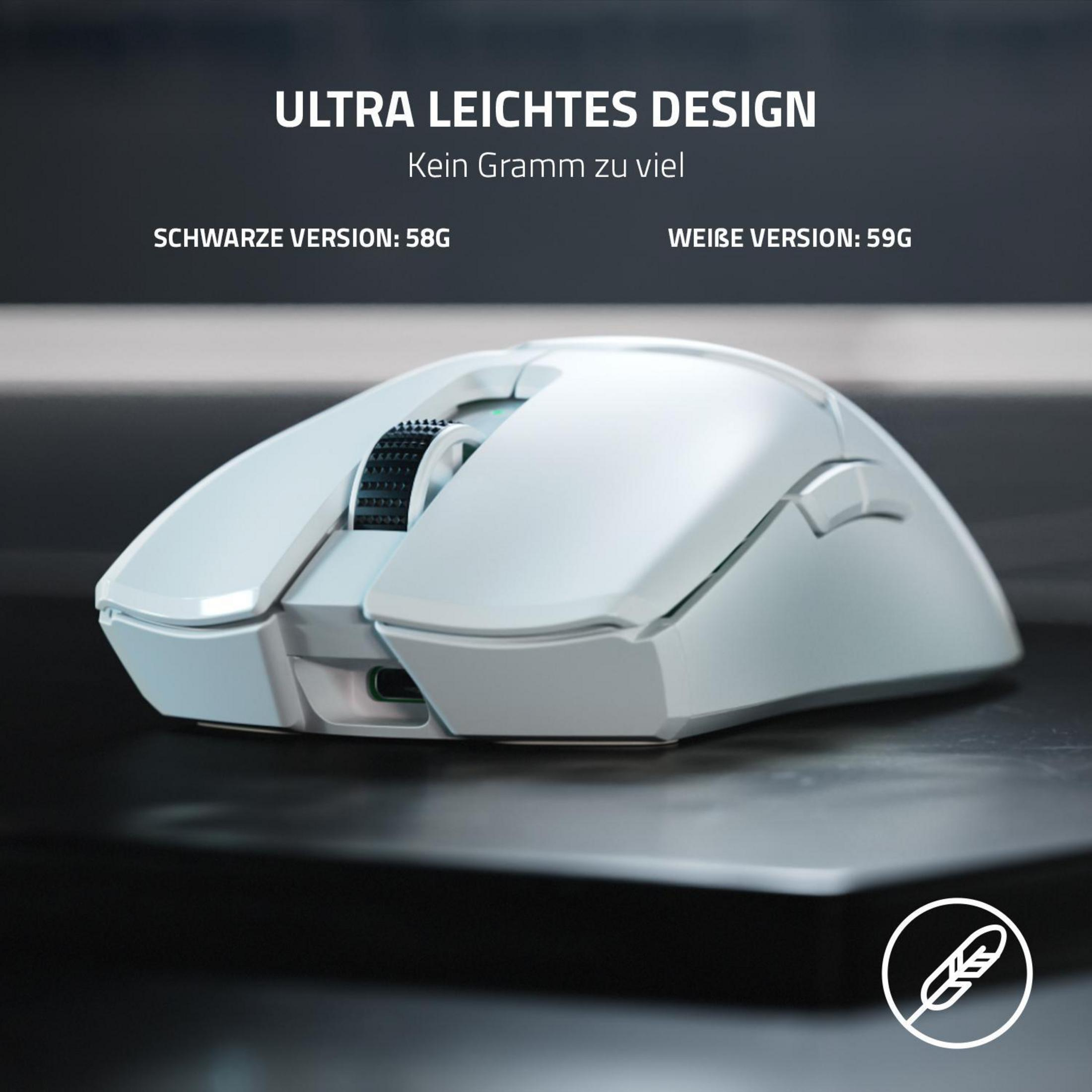 Mouse da gioco bianco, rotella nera, testo indica design ultraleggero e peso.