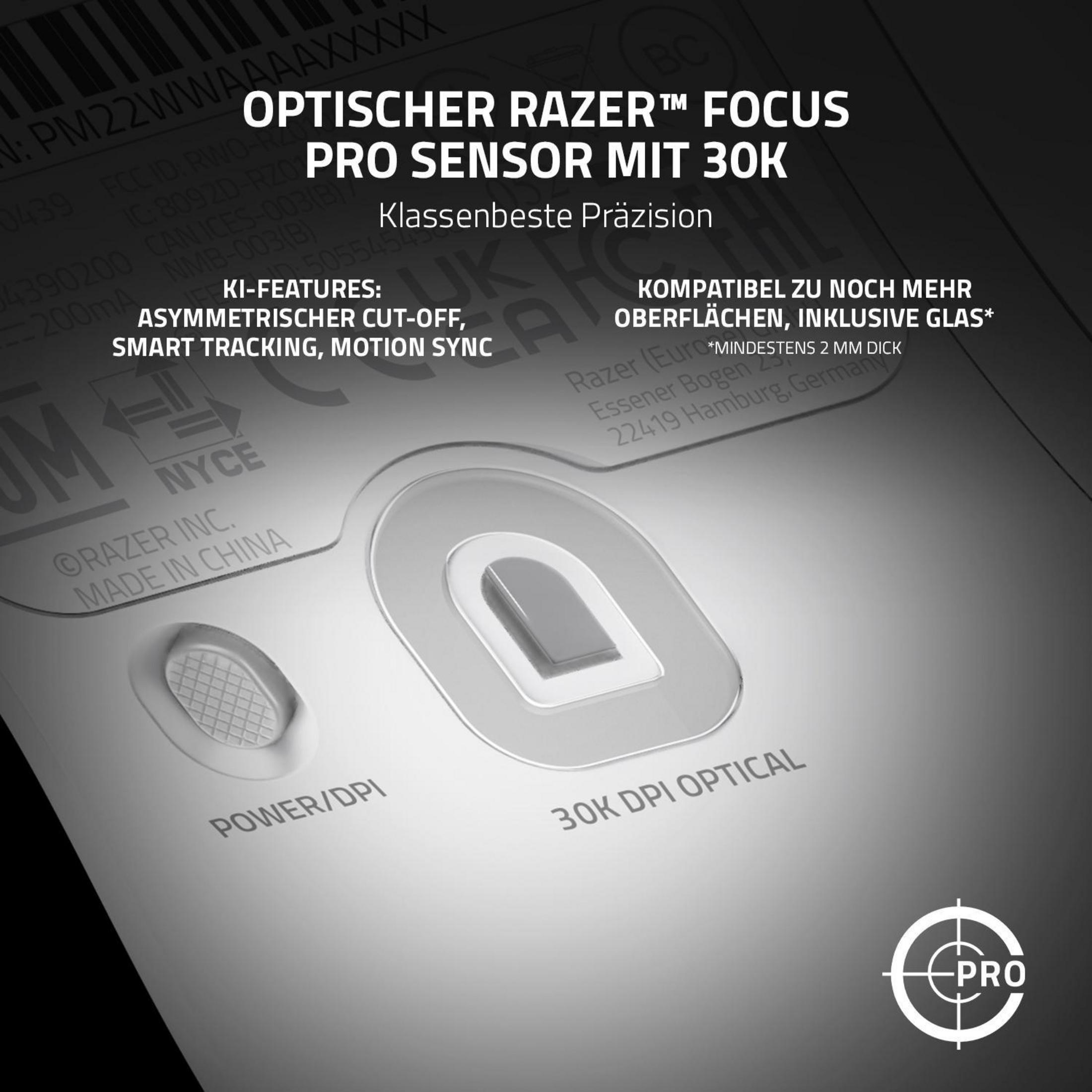 Primo piano di un mouse Razer con testo che indica caratteristiche e specifiche.