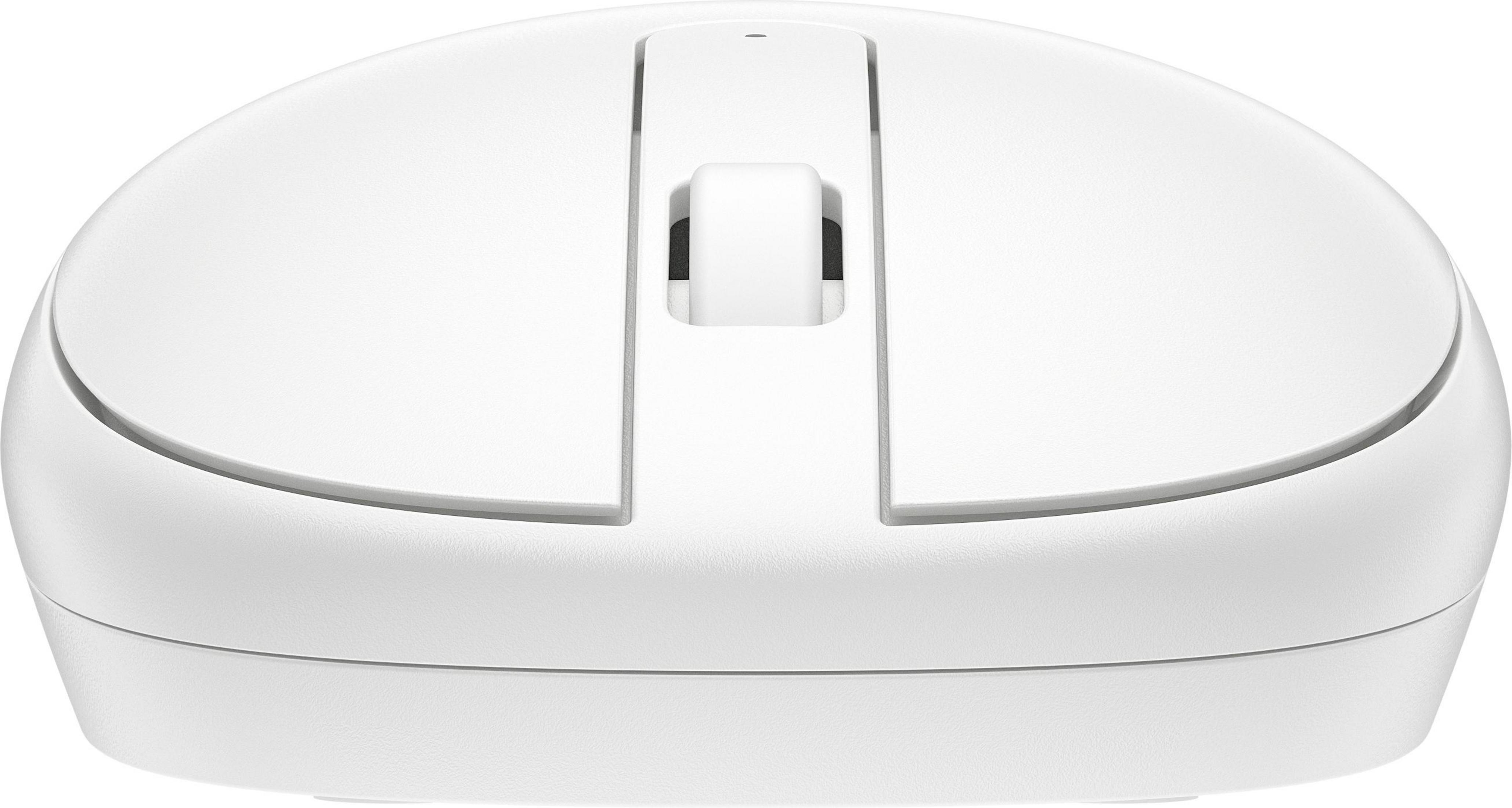 Biała mysz komputerowa z centralnym kółkiem przewijania, widok z góry.