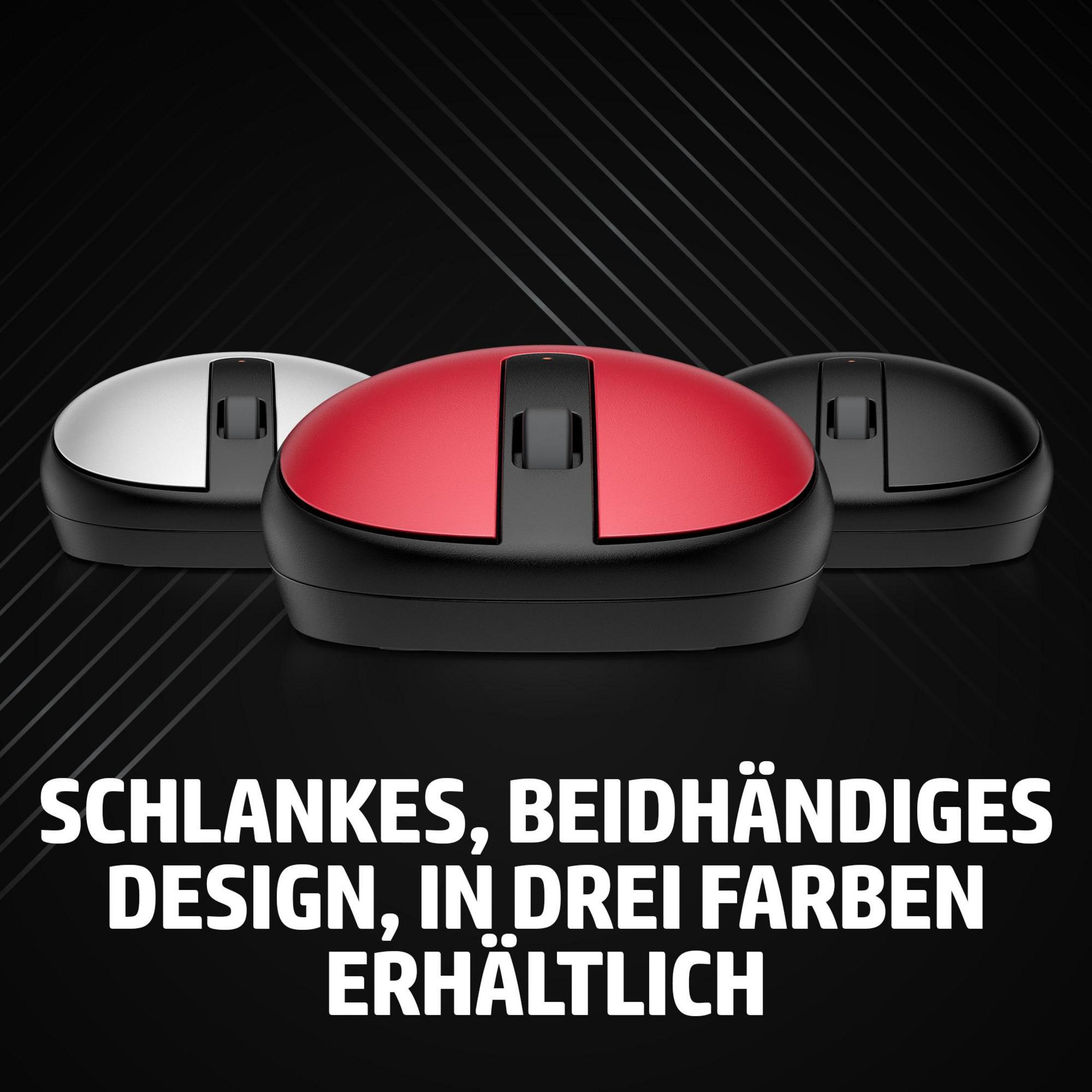Trzy myszy komputerowe, czarne, czerwone i srebrne, na czarnym tle. Tekst: Smukła, oburęczna konstrukcja, dostępna w trzech kolorach.