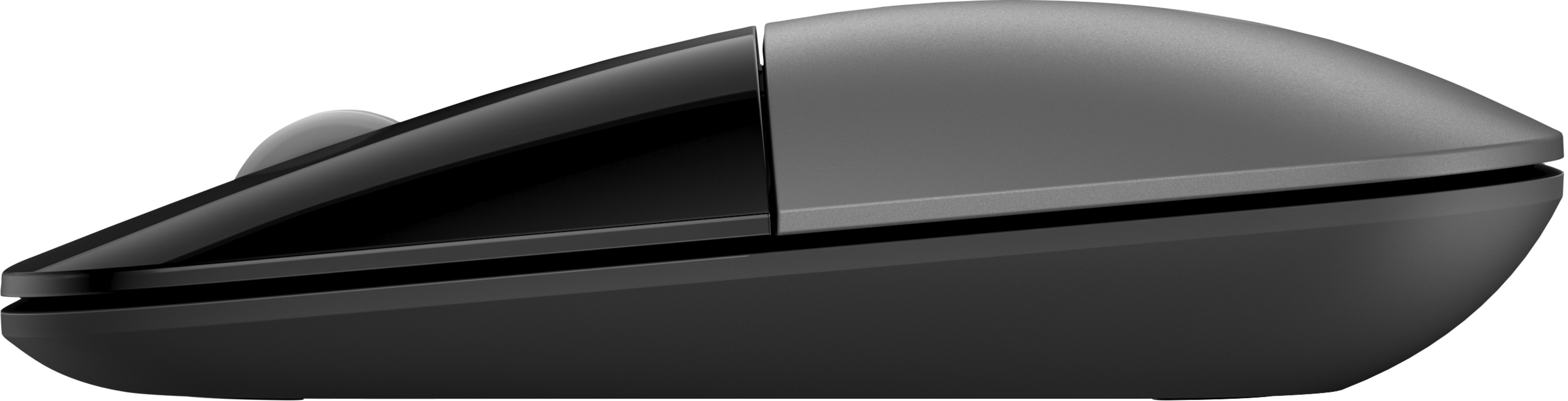 Czarna mysz komputerowa z szarą górną częścią. Widok boczny.