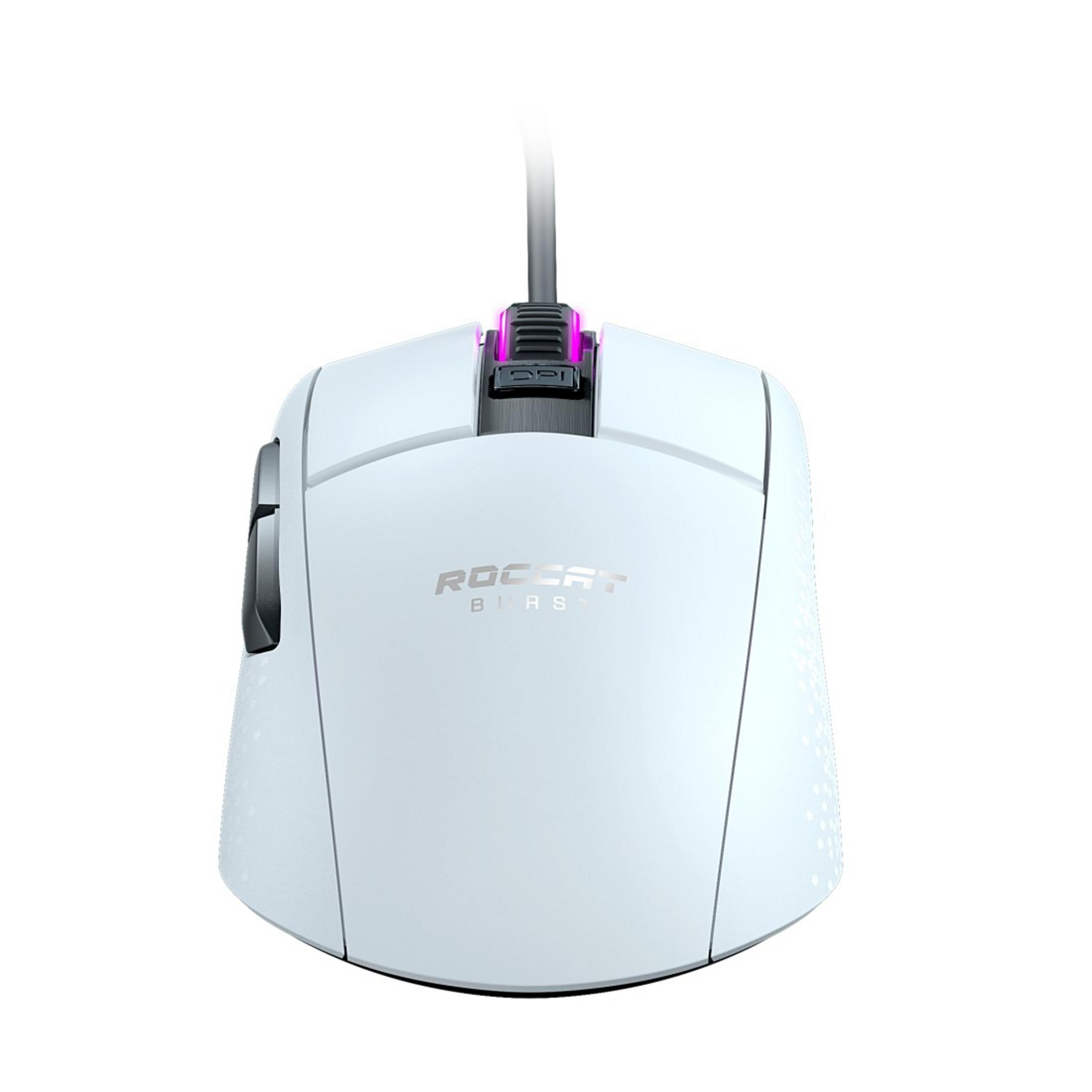 Biała mysz do gier z czarnymi akcentami. Pokazuje logo Roccat Burst.