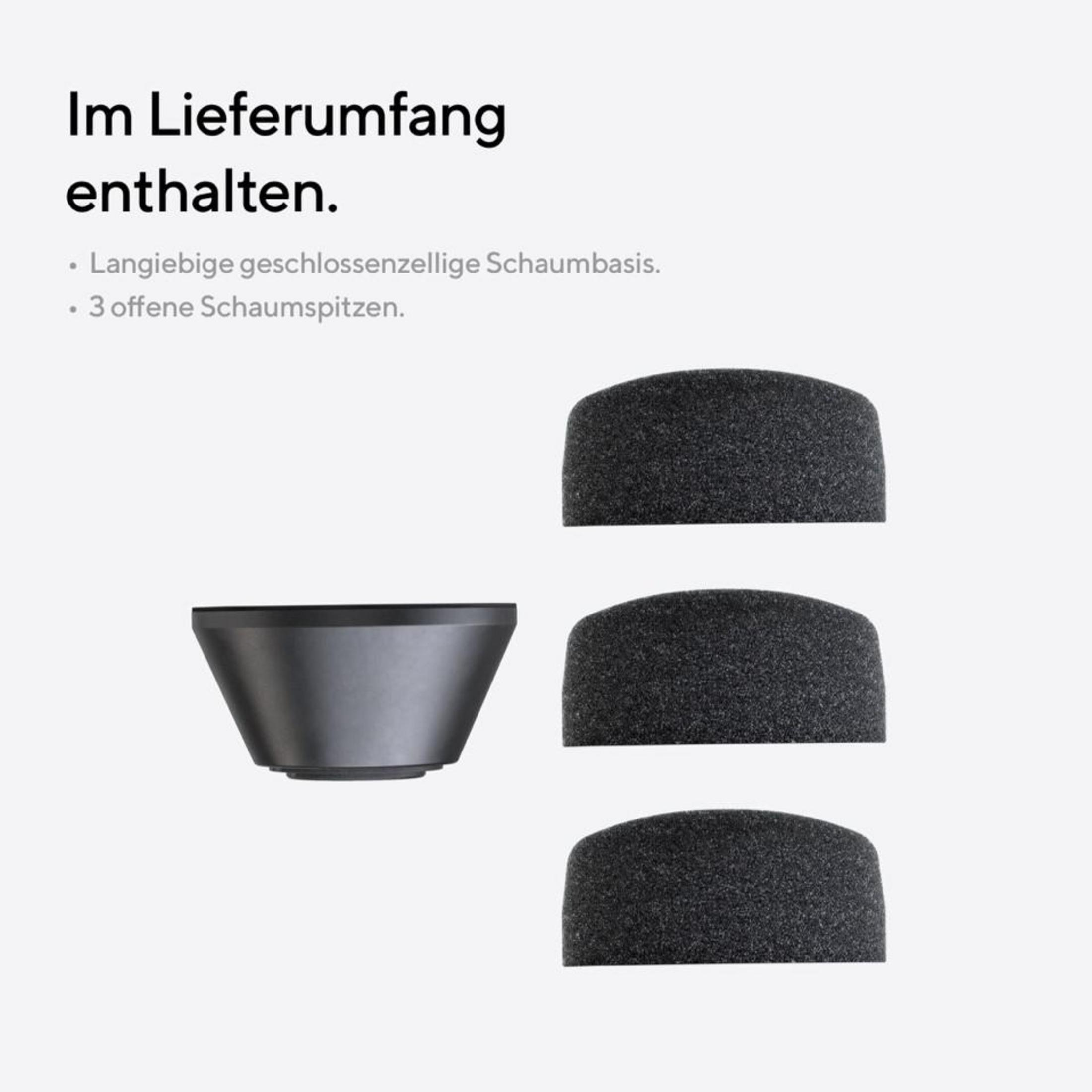 Produktkomponenten: ein schwarzes, kegelförmiges Teil und drei Schaumstoff-Ohrstöpsel.
